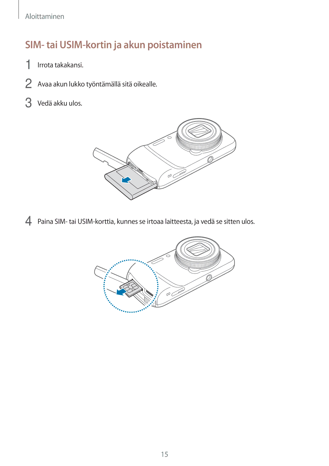 Samsung SM-C1010ZKANEE, SM-C1010ZWANEE manual SIM- tai USIM-kortin ja akun poistaminen 