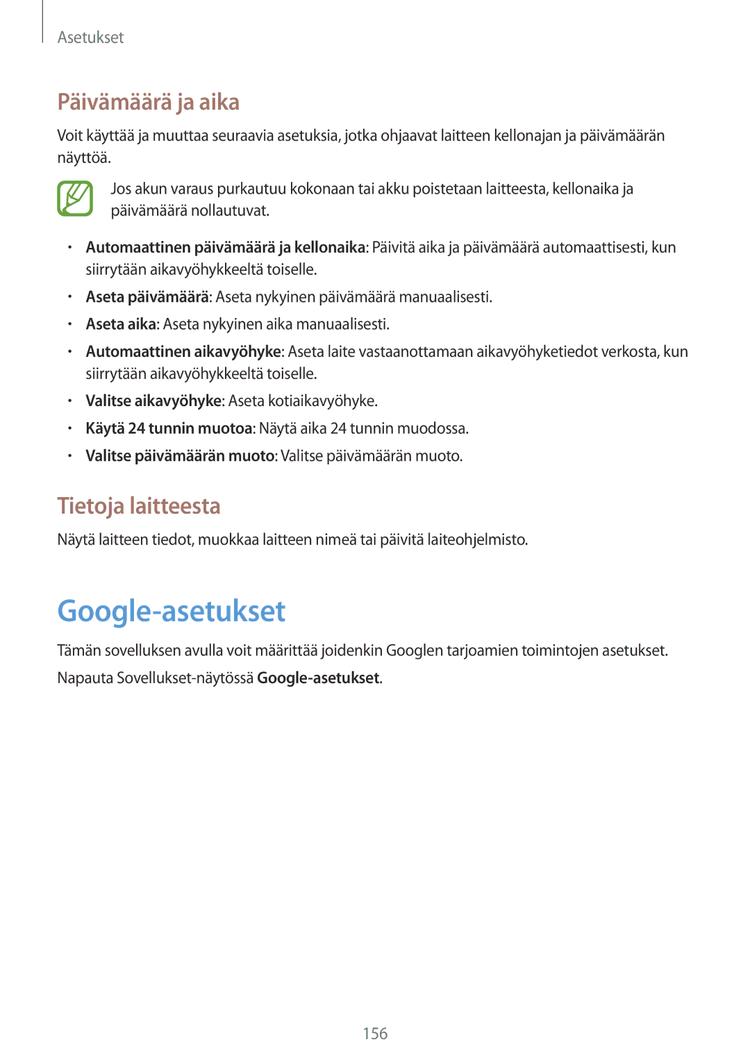 Samsung SM-C1010ZWANEE, SM-C1010ZKANEE manual Google-asetukset, Päivämäärä ja aika, Tietoja laitteesta 