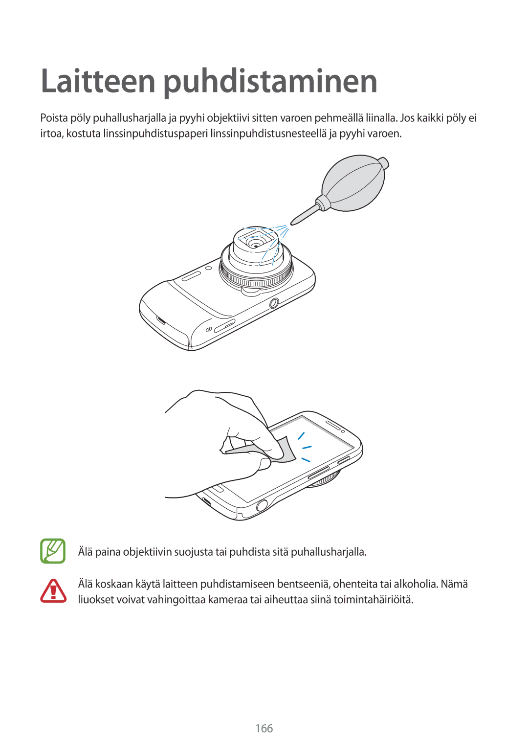 Samsung SM-C1010ZWANEE, SM-C1010ZKANEE manual Laitteen puhdistaminen, 166 