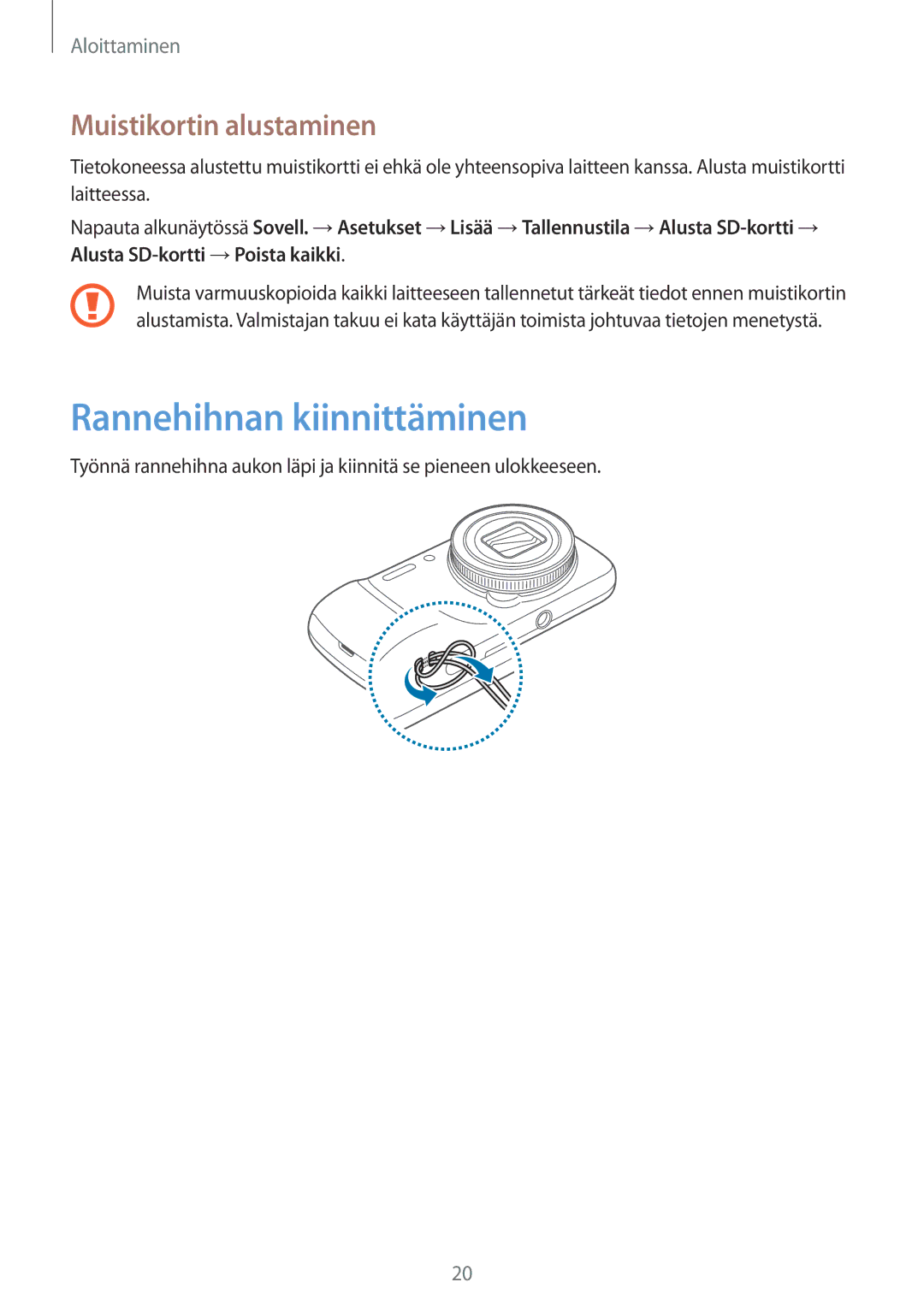 Samsung SM-C1010ZWANEE, SM-C1010ZKANEE manual Rannehihnan kiinnittäminen, Muistikortin alustaminen 