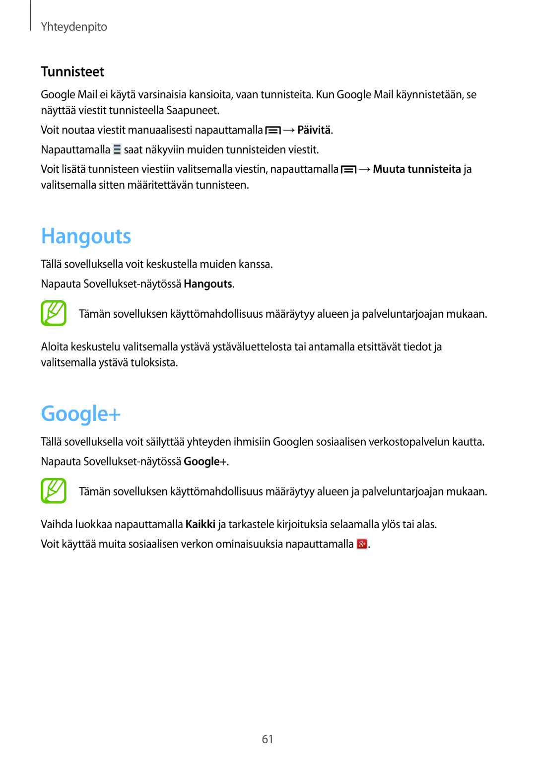 Samsung SM-C1010ZKANEE, SM-C1010ZWANEE manual Hangouts, Google+, Tunnisteet 