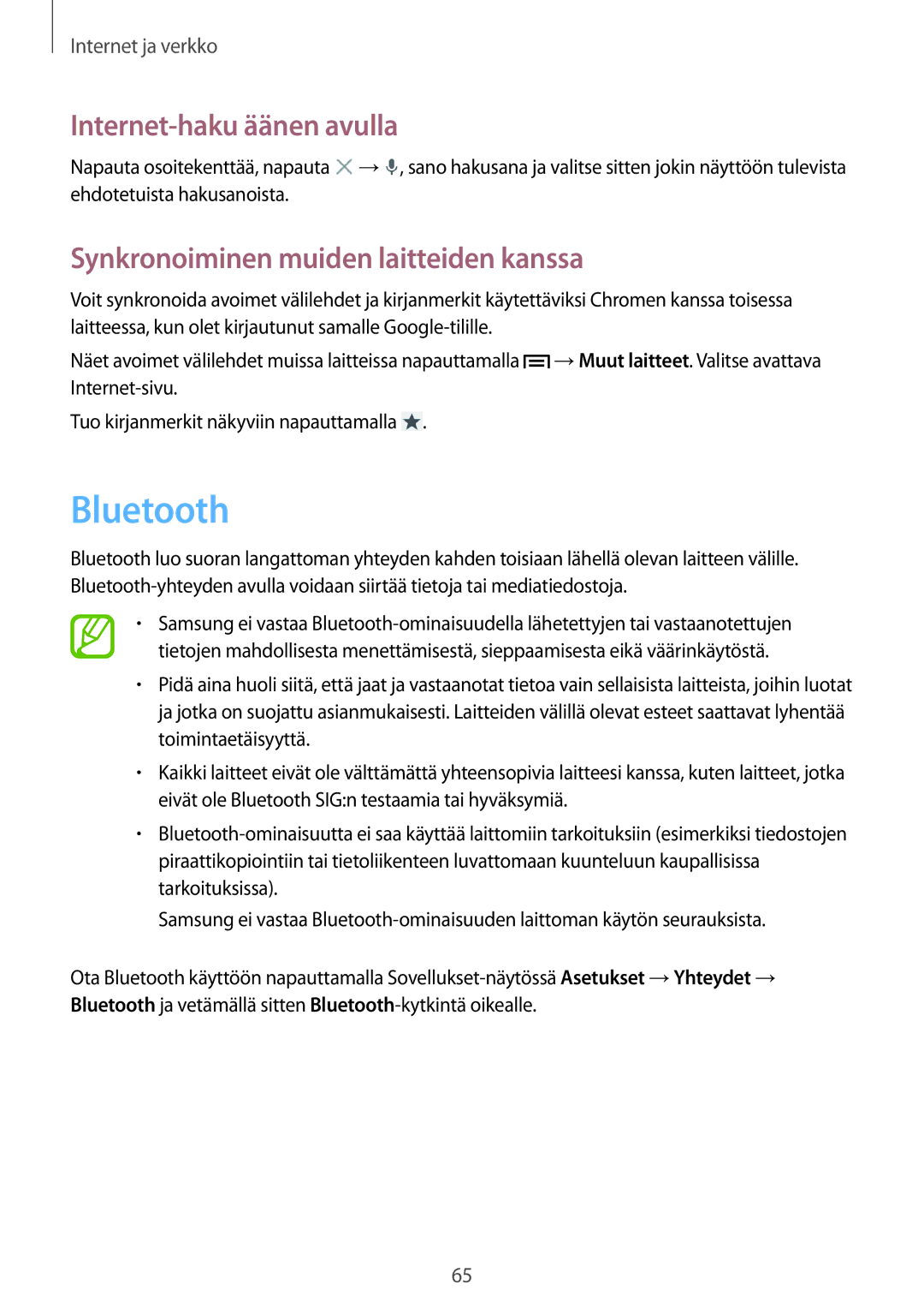 Samsung SM-C1010ZKANEE, SM-C1010ZWANEE manual Bluetooth, Synkronoiminen muiden laitteiden kanssa 