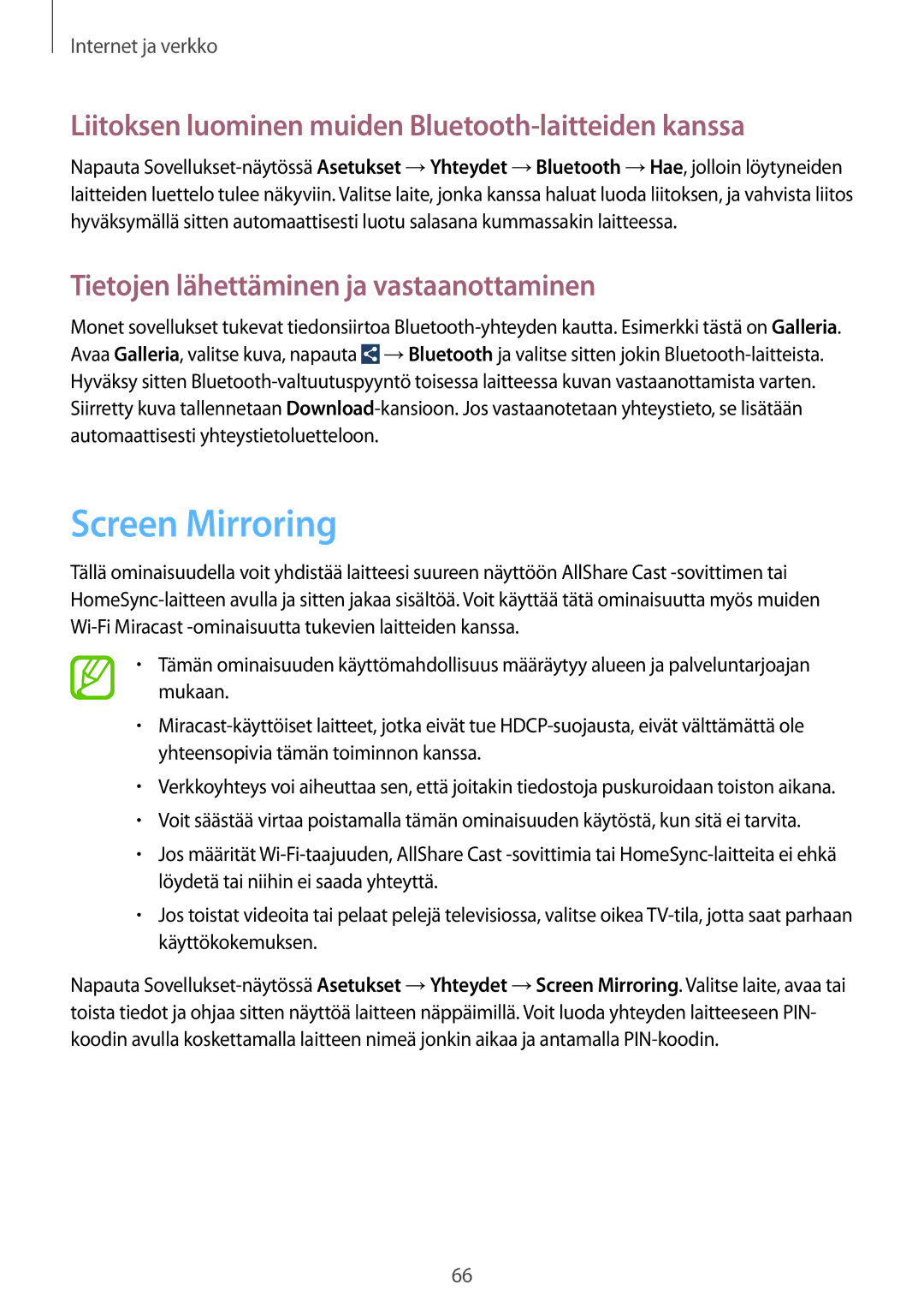 Samsung SM-C1010ZWANEE, SM-C1010ZKANEE manual Screen Mirroring, Liitoksen luominen muiden Bluetooth-laitteiden kanssa 