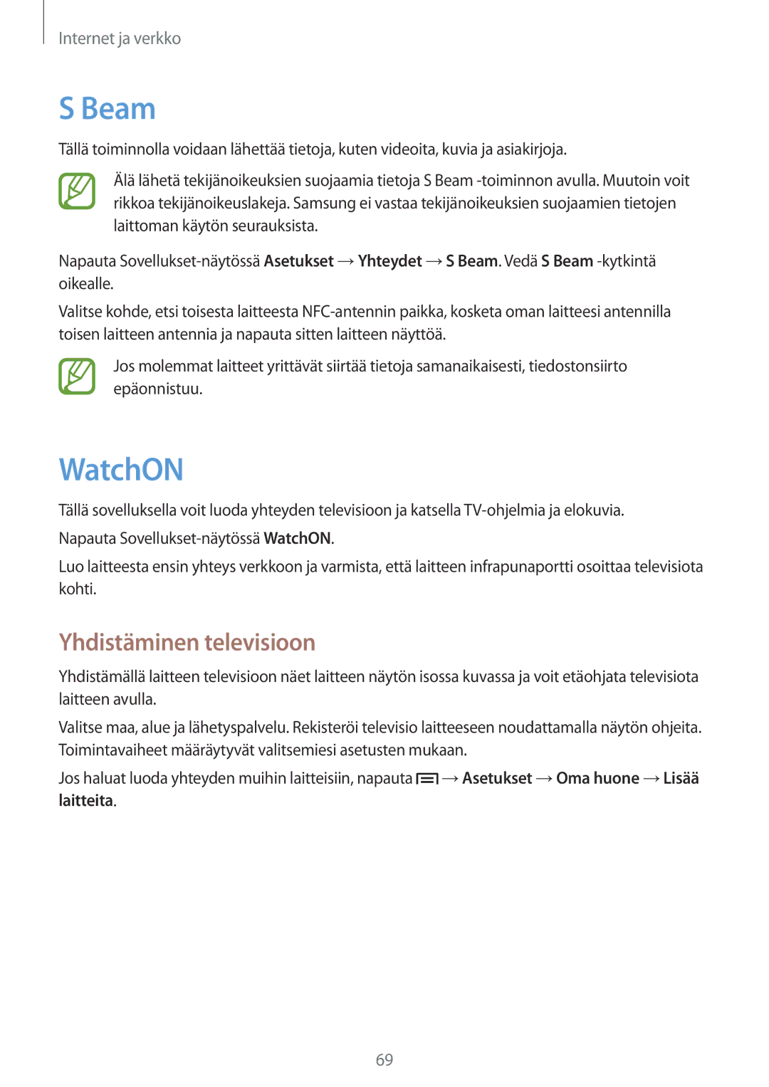 Samsung SM-C1010ZKANEE, SM-C1010ZWANEE manual Beam, WatchON, Yhdistäminen televisioon, Laitteita 