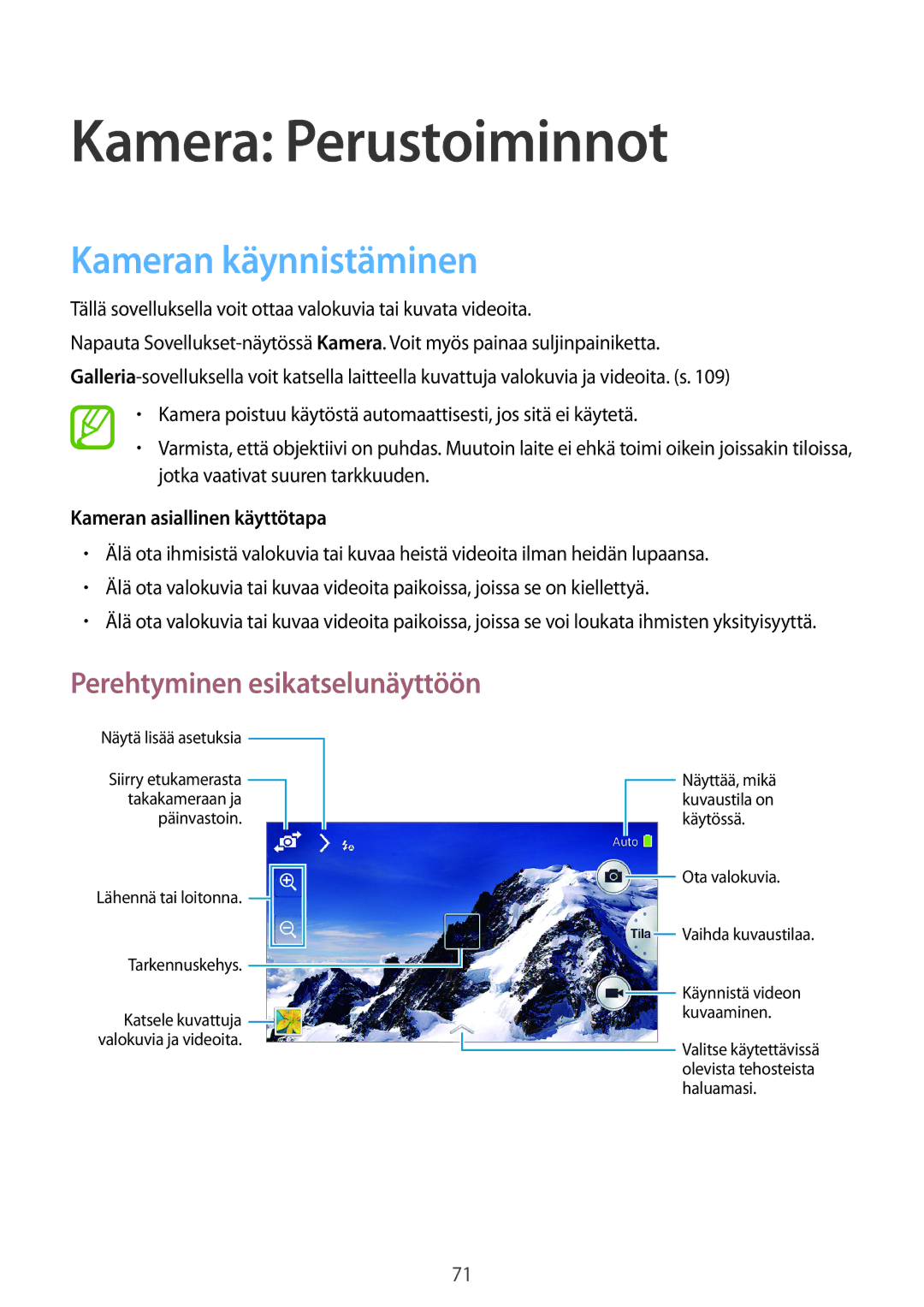 Samsung SM-C1010ZKANEE, SM-C1010ZWANEE manual Kamera Perustoiminnot, Kameran käynnistäminen, Perehtyminen esikatselunäyttöön 