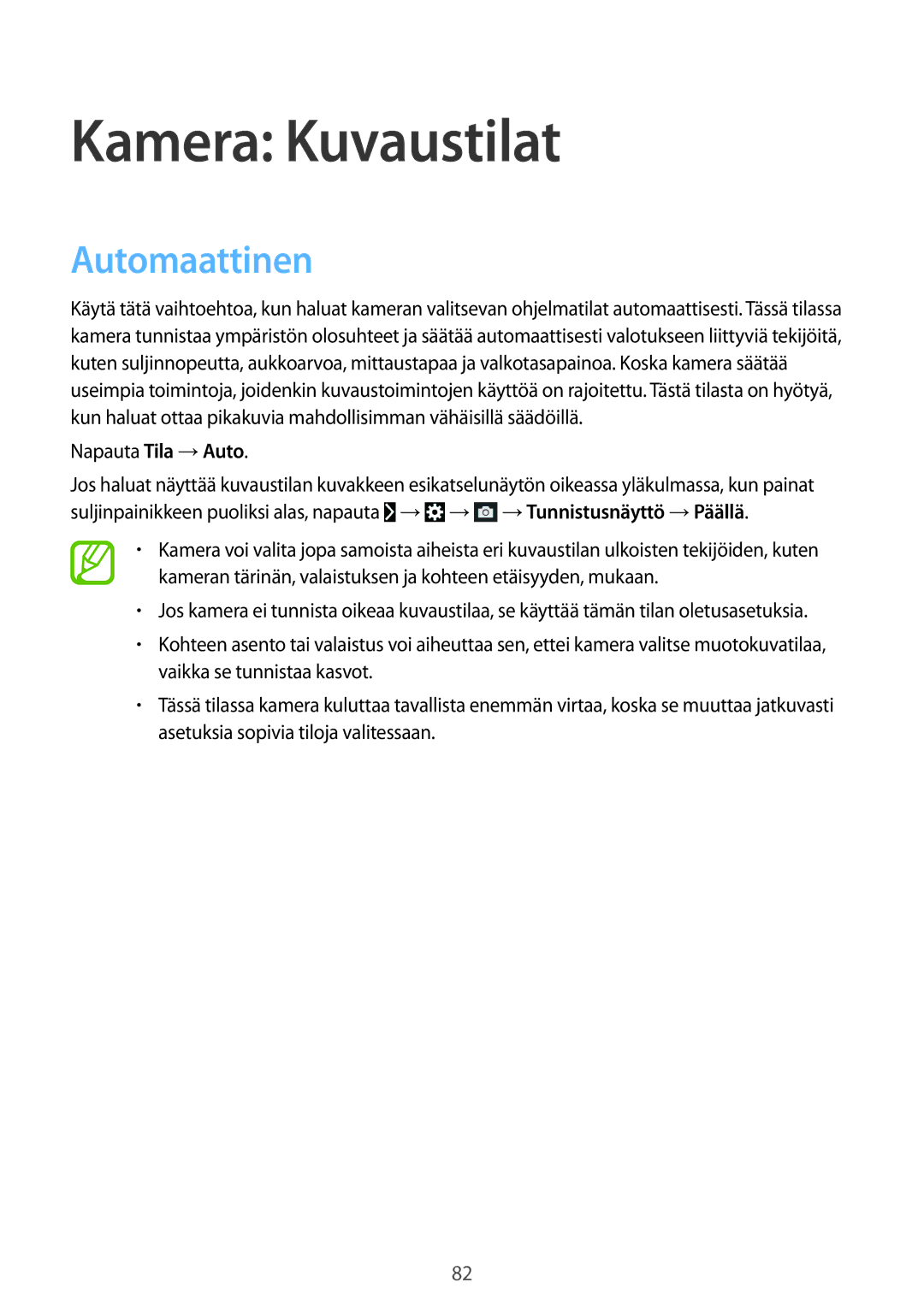 Samsung SM-C1010ZWANEE, SM-C1010ZKANEE manual Kamera Kuvaustilat, Automaattinen 