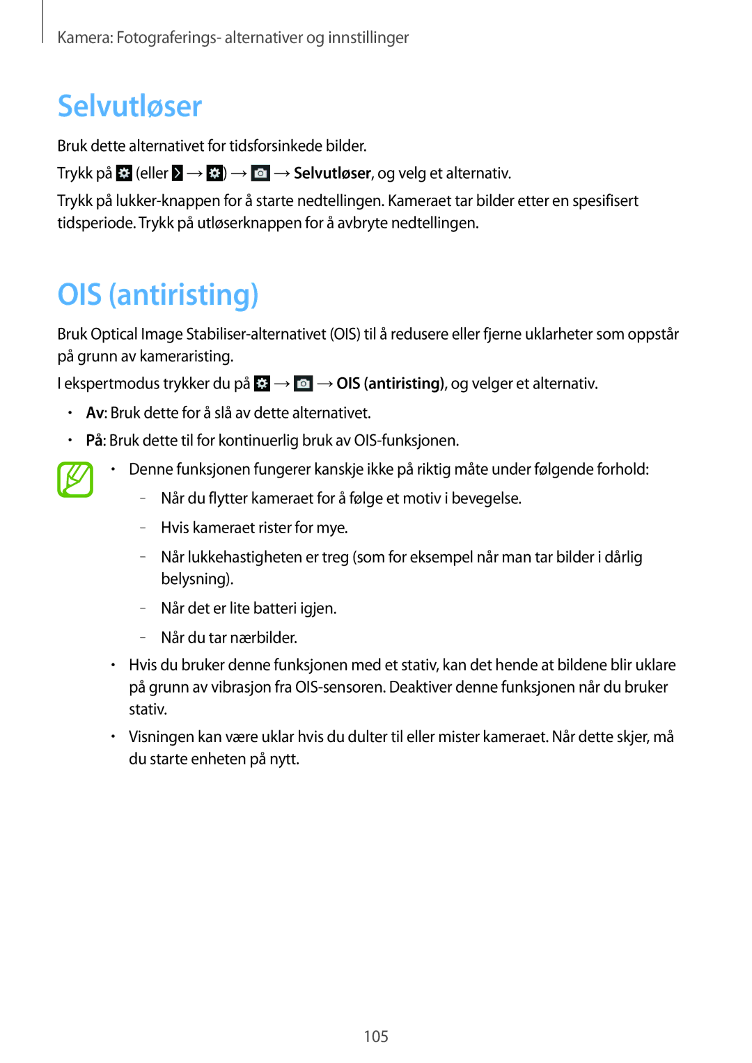 Samsung SM-C1010ZKANEE, SM-C1010ZWANEE manual Selvutløser, OIS antiristing 