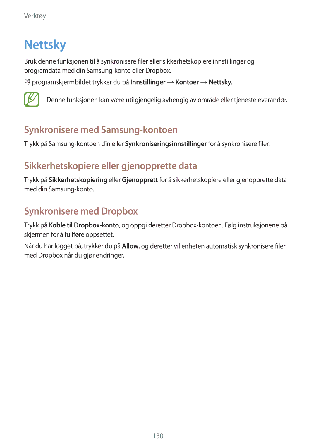 Samsung SM-C1010ZWANEE manual Nettsky, Synkronisere med Samsung-kontoen, Sikkerhetskopiere eller gjenopprette data 