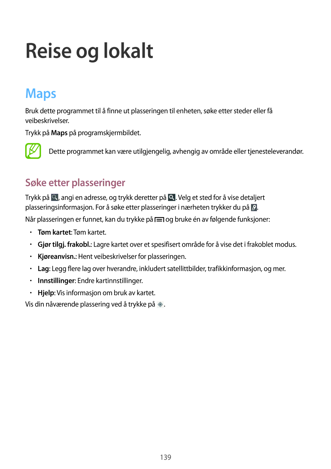 Samsung SM-C1010ZKANEE, SM-C1010ZWANEE manual Reise og lokalt, Maps, Søke etter plasseringer 