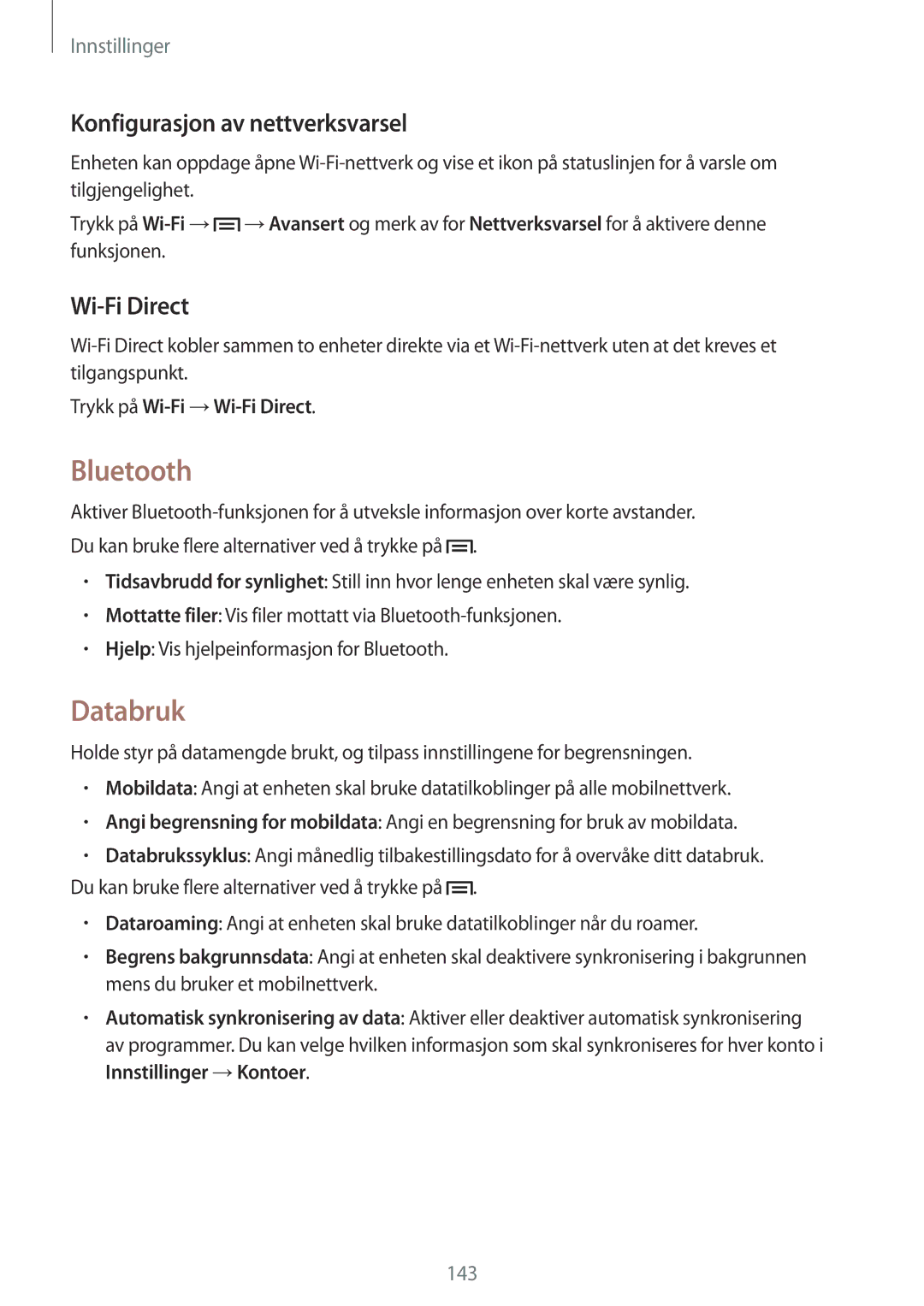 Samsung SM-C1010ZKANEE manual Bluetooth, Databruk, Konfigurasjon av nettverksvarsel, Trykk på Wi-Fi →Wi-Fi Direct 