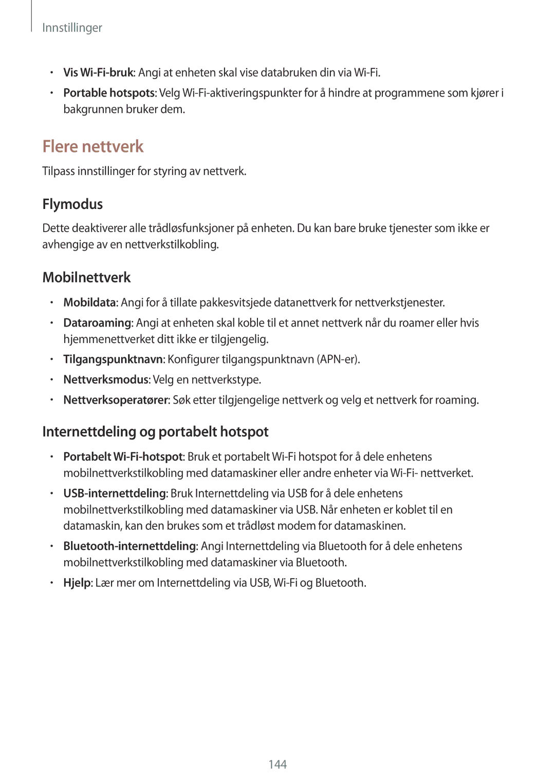 Samsung SM-C1010ZWANEE, SM-C1010ZKANEE manual Flere nettverk, Flymodus, Mobilnettverk, Internettdeling og portabelt hotspot 