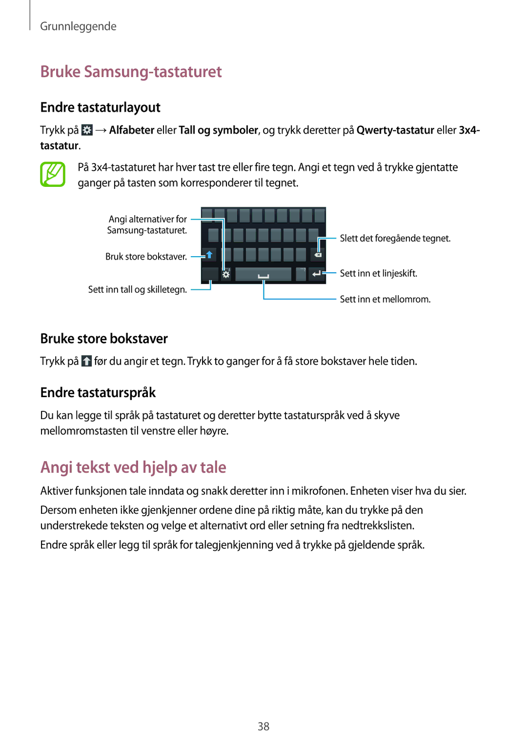 Samsung SM-C1010ZWANEE Bruke Samsung-tastaturet, Angi tekst ved hjelp av tale, Endre tastaturlayout, Bruke store bokstaver 