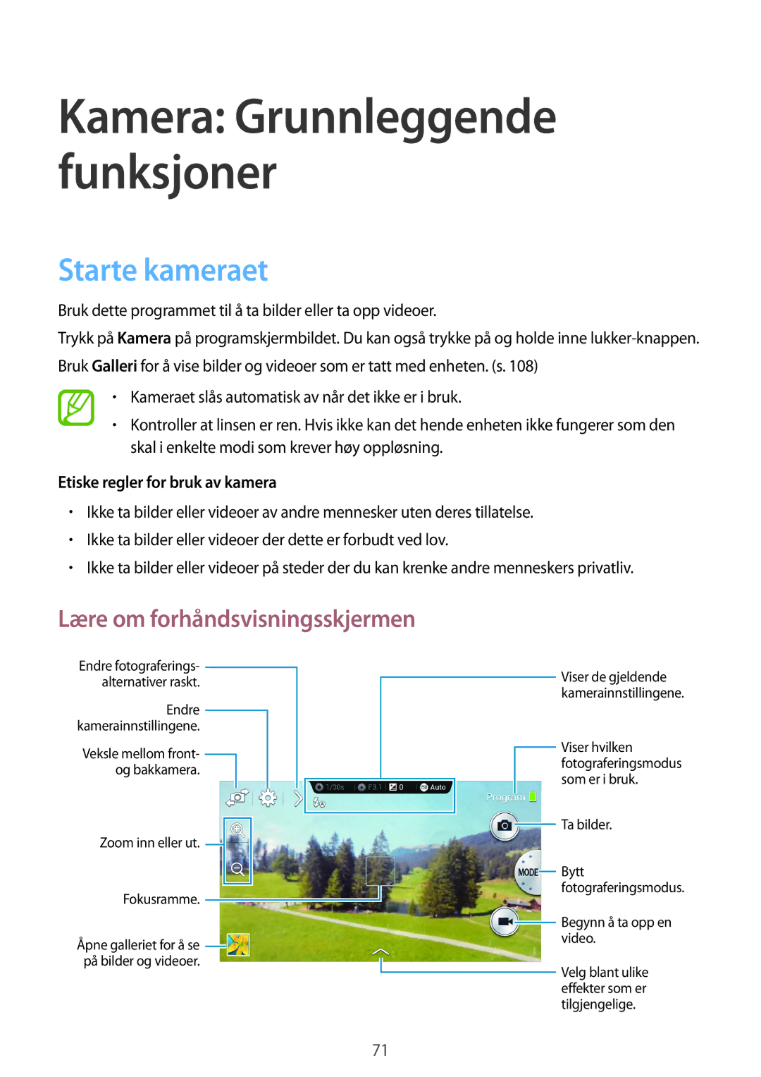 Samsung SM-C1010ZKANEE, SM-C1010ZWANEE Starte kameraet, Lære om forhåndsvisningsskjermen, Etiske regler for bruk av kamera 