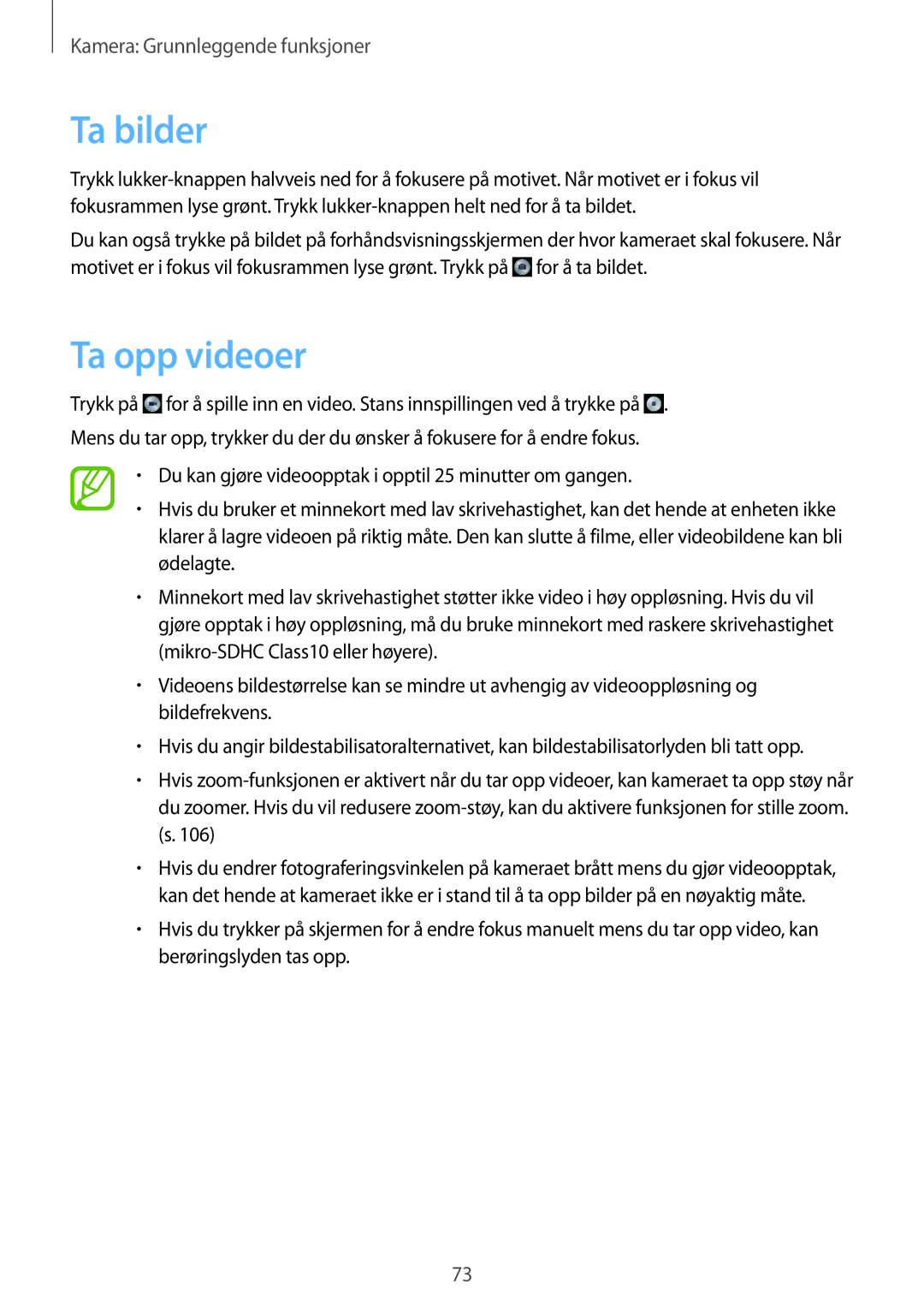 Samsung SM-C1010ZKANEE, SM-C1010ZWANEE manual Ta bilder, Ta opp videoer 