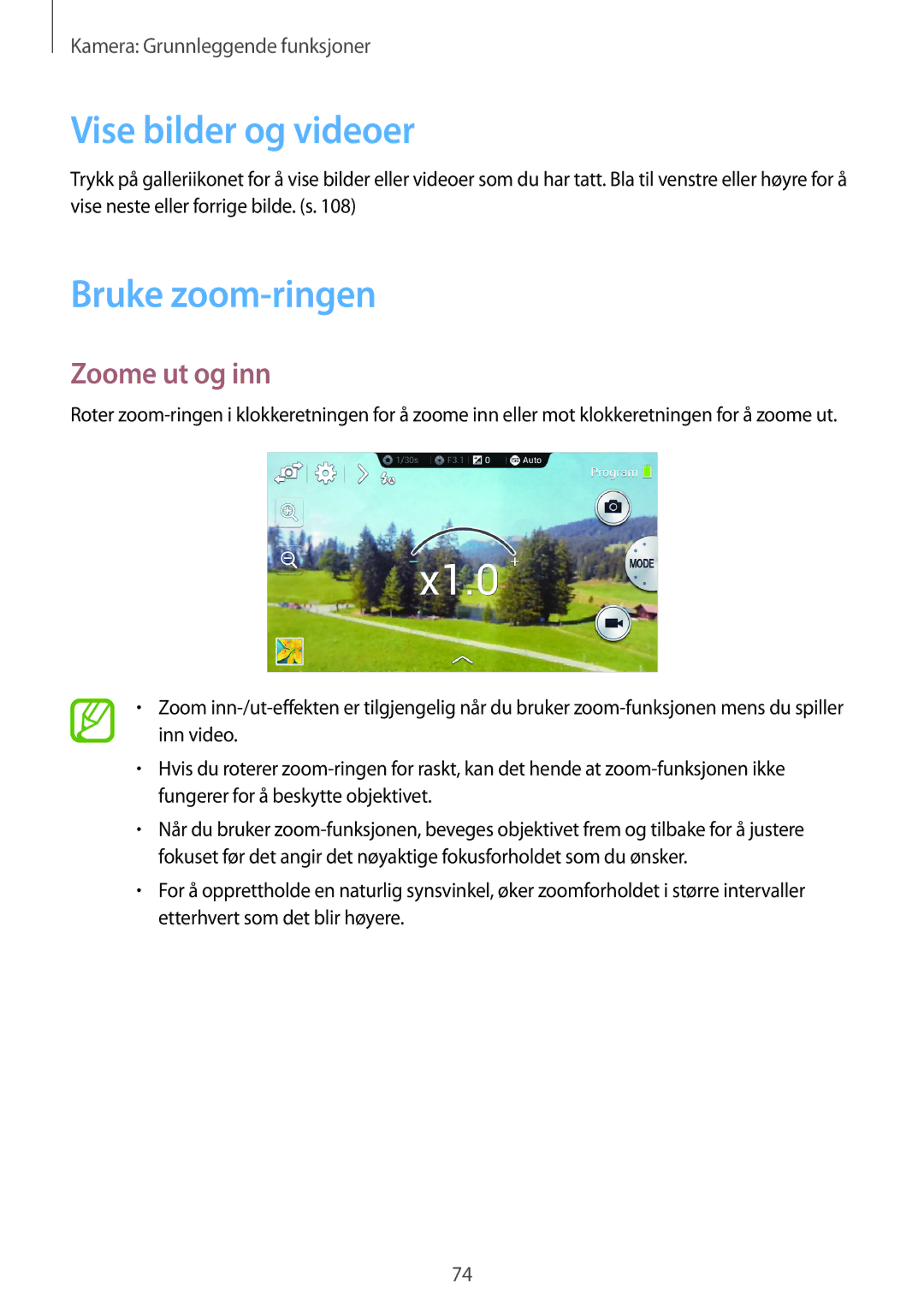 Samsung SM-C1010ZWANEE, SM-C1010ZKANEE manual Vise bilder og videoer, Bruke zoom-ringen, Zoome ut og inn 