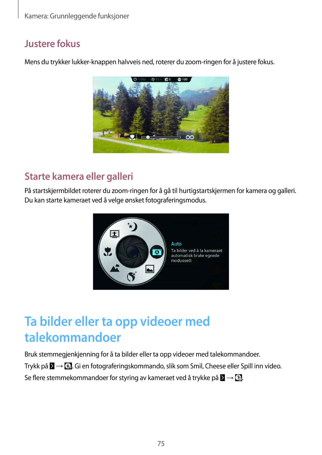 Samsung SM-C1010ZKANEE manual Ta bilder eller ta opp videoer med talekommandoer, Justere fokus, Starte kamera eller galleri 