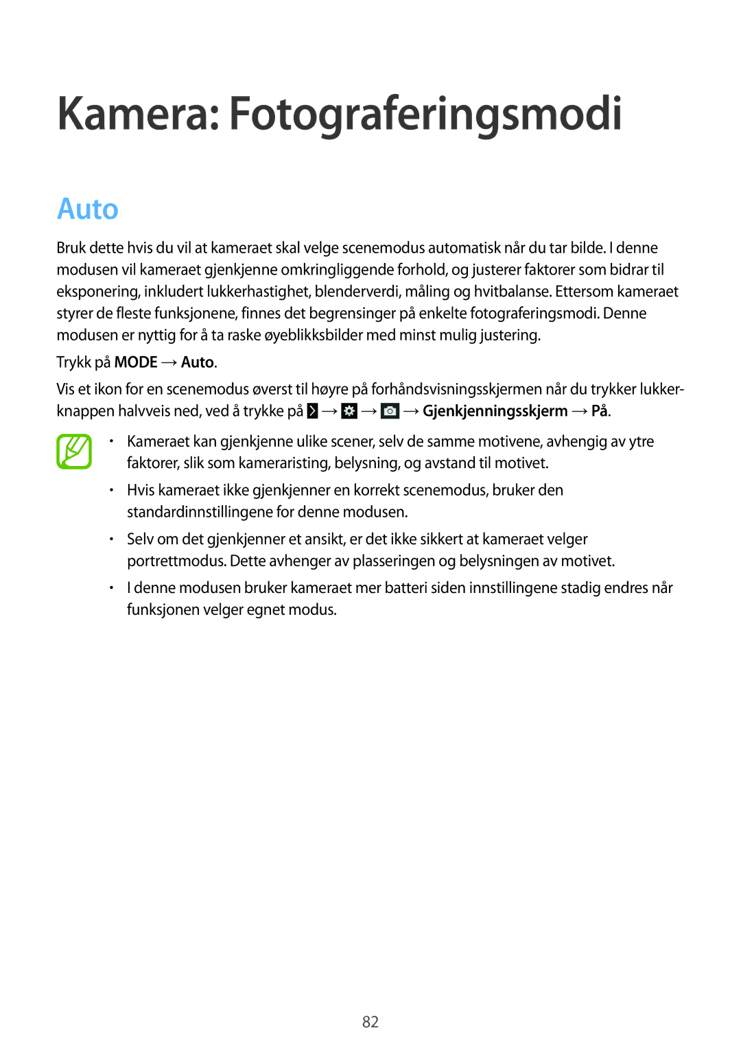 Samsung SM-C1010ZWANEE, SM-C1010ZKANEE manual Kamera Fotograferingsmodi, Auto 