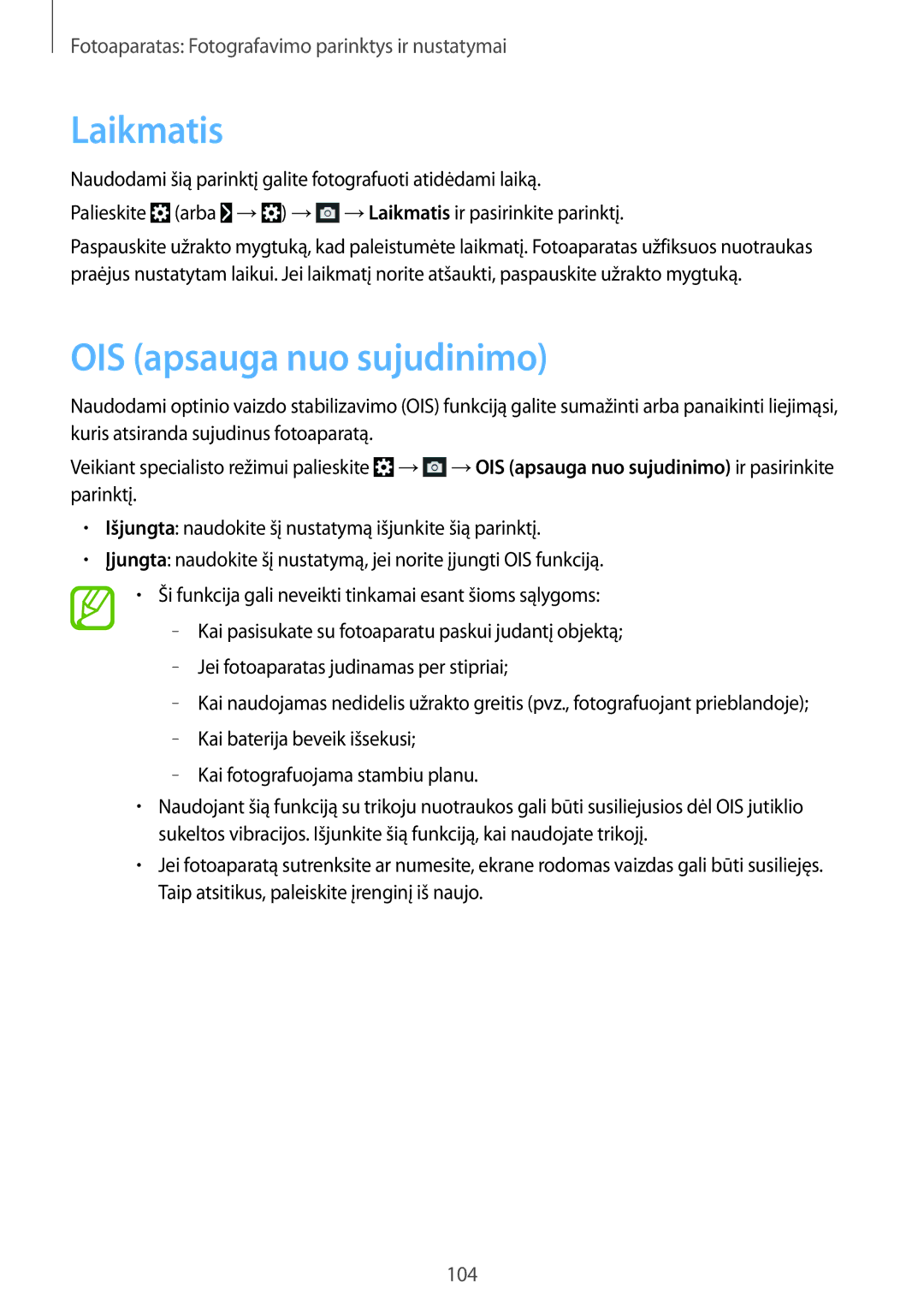 Samsung SM-C1010ZWASEB, SM-C1010ZKASEB manual Laikmatis, OIS apsauga nuo sujudinimo 