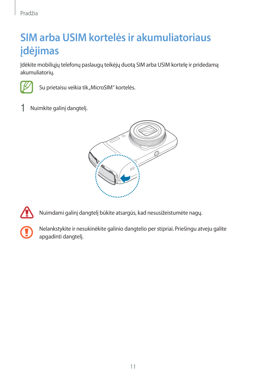 Samsung SM-C1010ZKASEB, SM-C1010ZWASEB manual SIM arba Usim kortelės ir akumuliatoriaus įdėjimas 