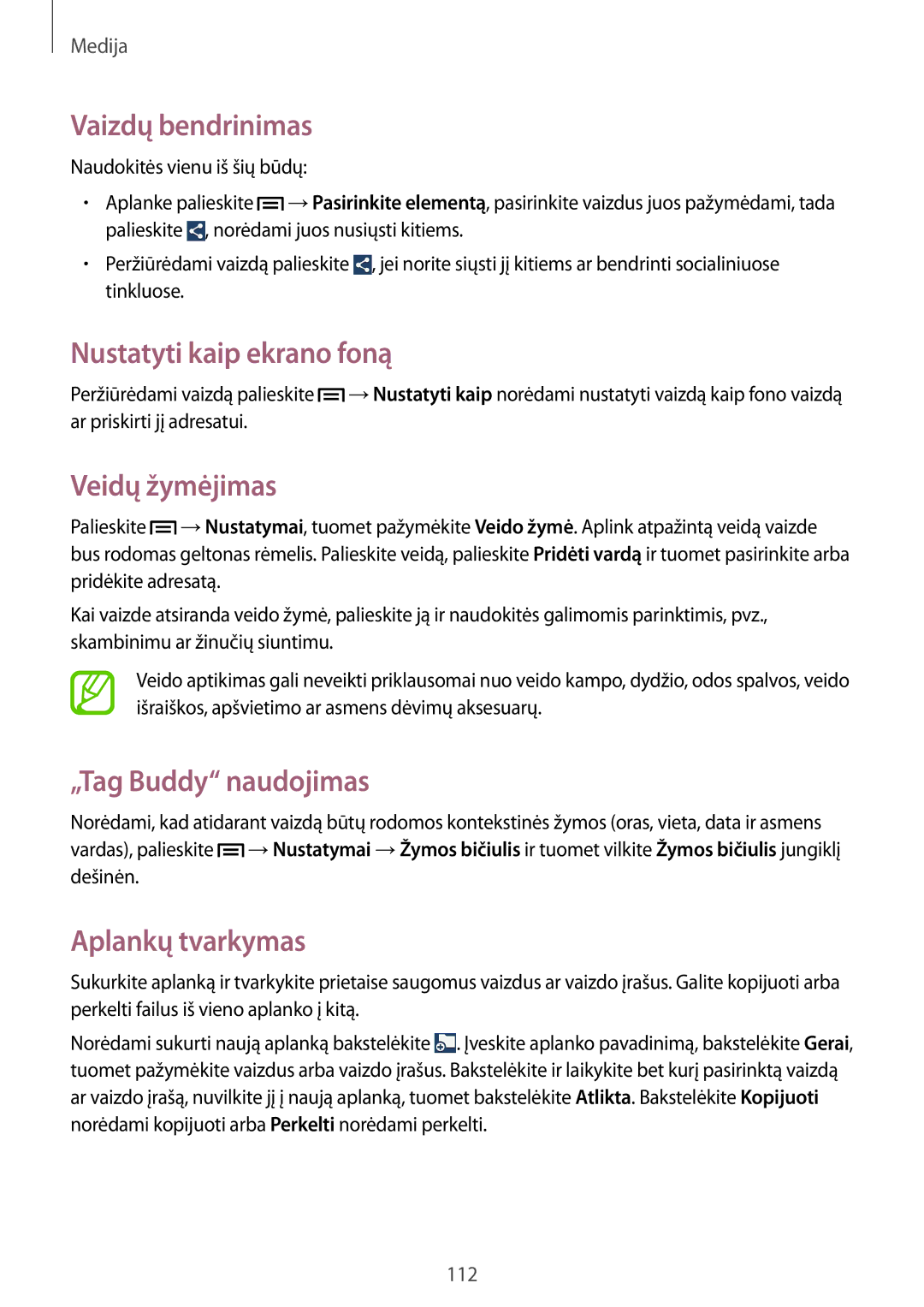 Samsung SM-C1010ZWASEB manual Vaizdų bendrinimas, Nustatyti kaip ekrano foną, Veidų žymėjimas, „Tag Buddy naudojimas 