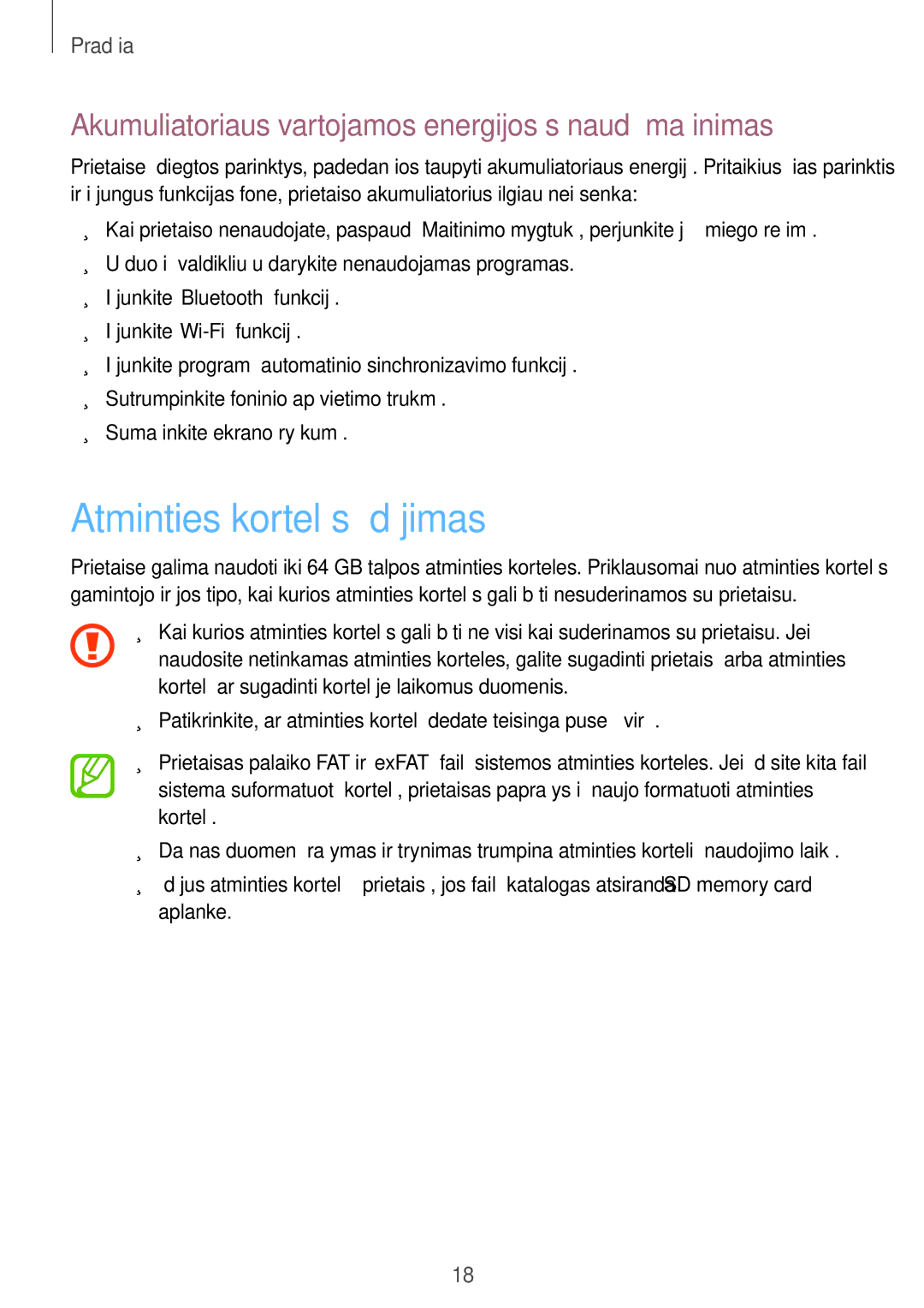 Samsung SM-C1010ZWASEB, SM-C1010ZKASEB Atminties kortelės įdėjimas, Akumuliatoriaus vartojamos energijos sąnaudų mažinimas 