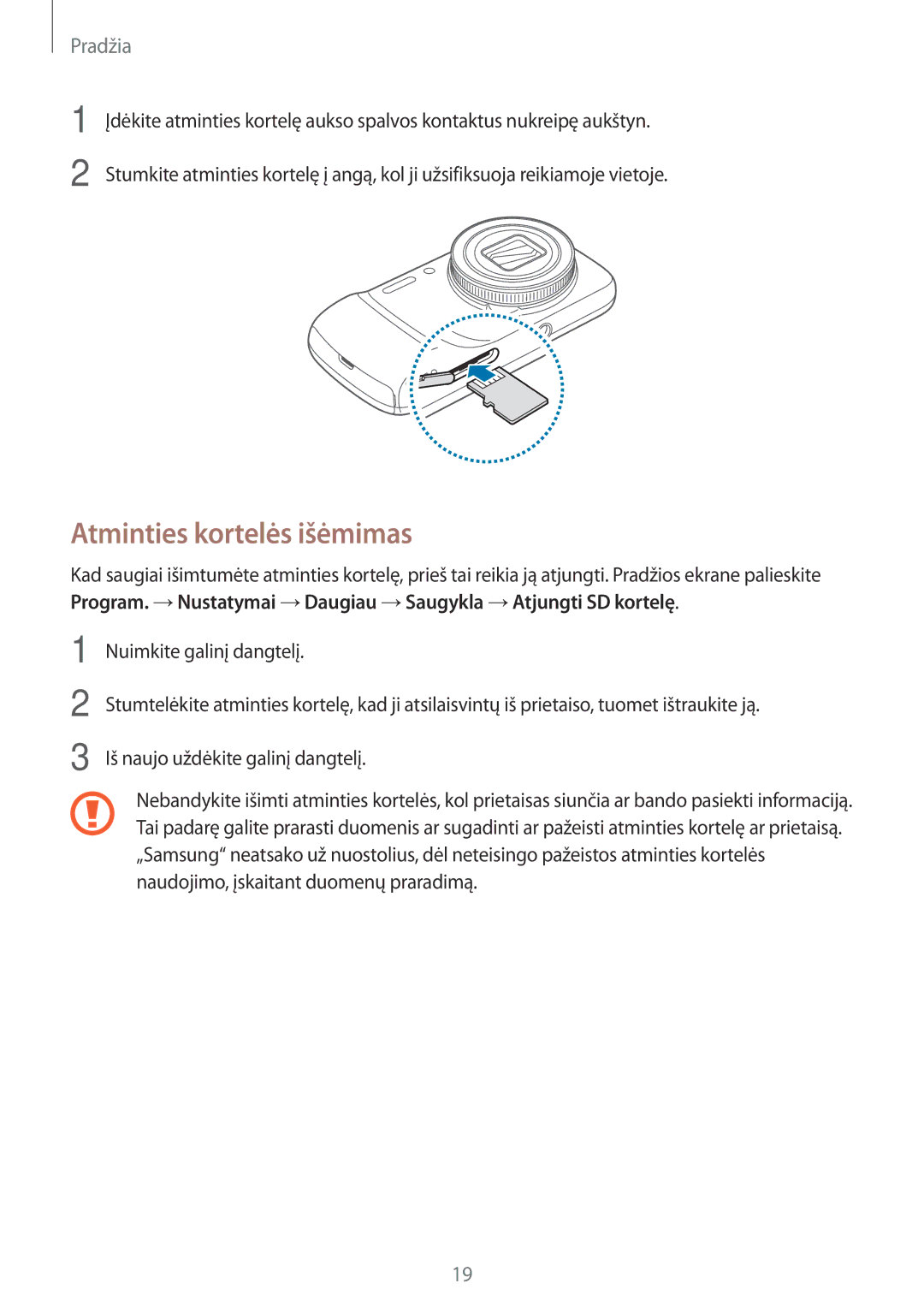 Samsung SM-C1010ZKASEB, SM-C1010ZWASEB manual Atminties kortelės išėmimas 