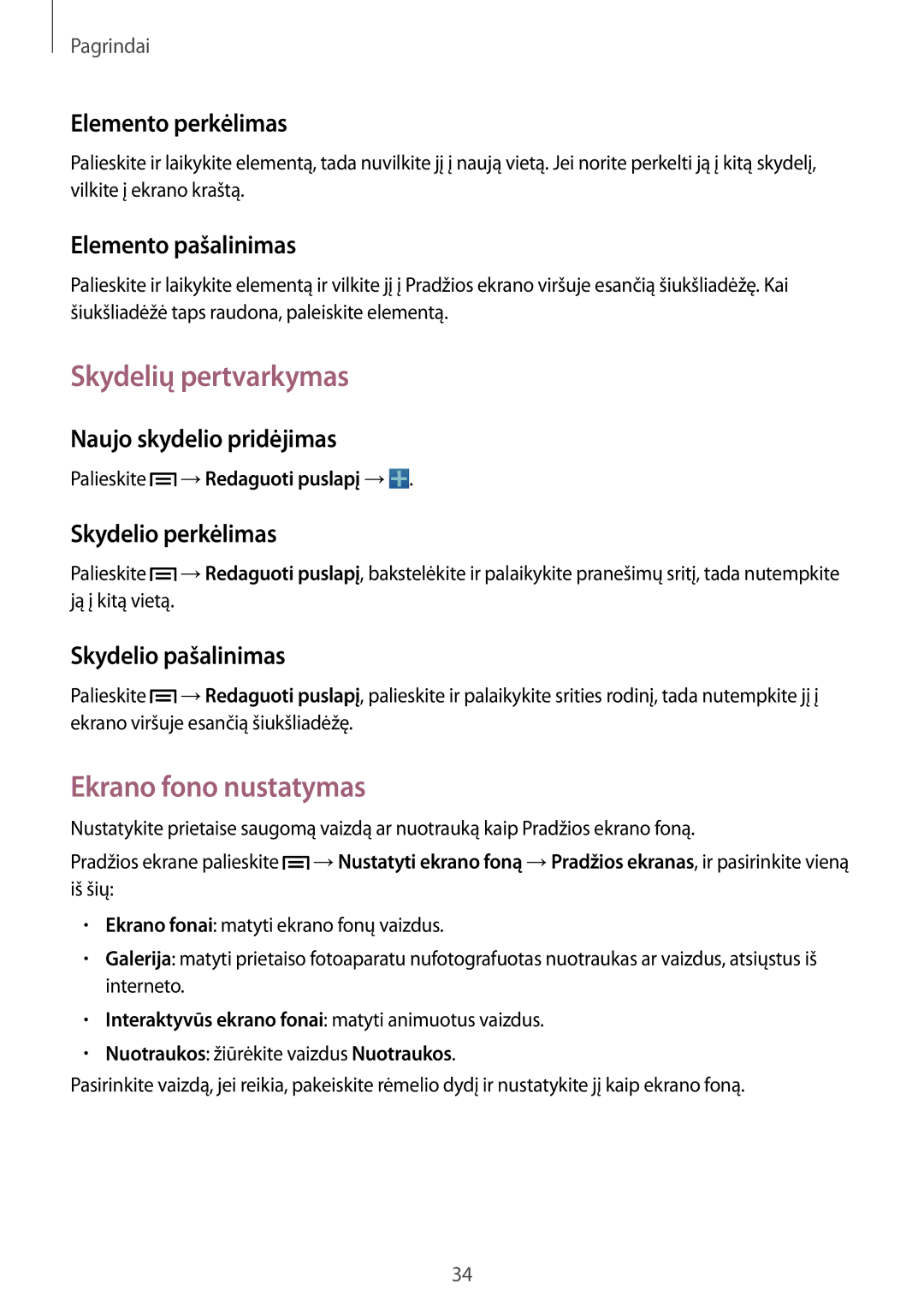 Samsung SM-C1010ZWASEB, SM-C1010ZKASEB manual Skydelių pertvarkymas, Ekrano fono nustatymas 