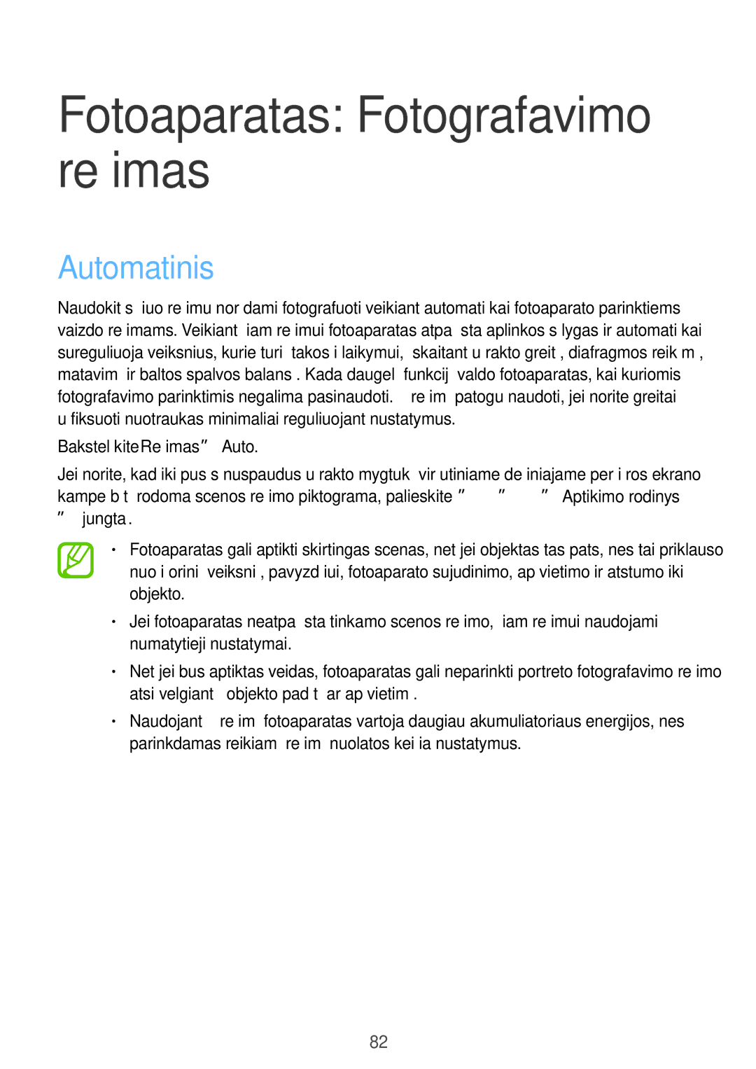 Samsung SM-C1010ZWASEB, SM-C1010ZKASEB manual Fotoaparatas Fotografavimo režimas, Automatinis, → Įjungta 