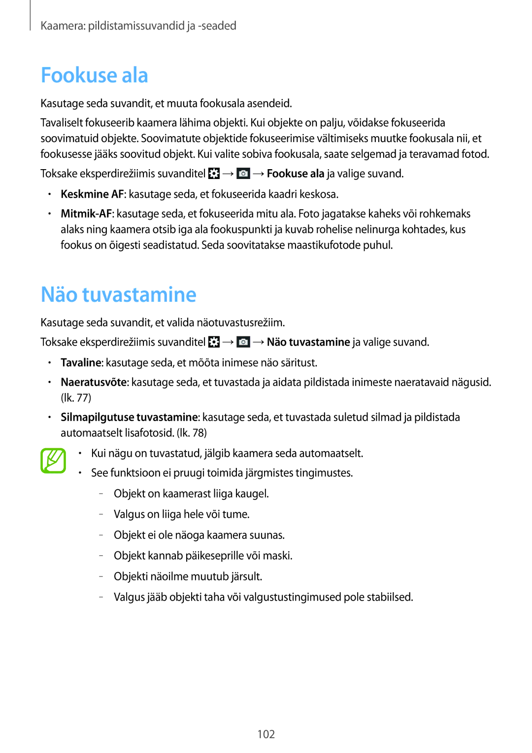 Samsung SM-C1010ZWASEB, SM-C1010ZKASEB Fookuse ala, Näo tuvastamine, Kasutage seda suvandit, et muuta fookusala asendeid 