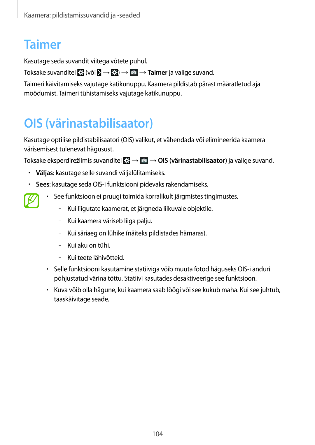 Samsung SM-C1010ZWASEB, SM-C1010ZKASEB manual Taimer, OIS värinastabilisaator 