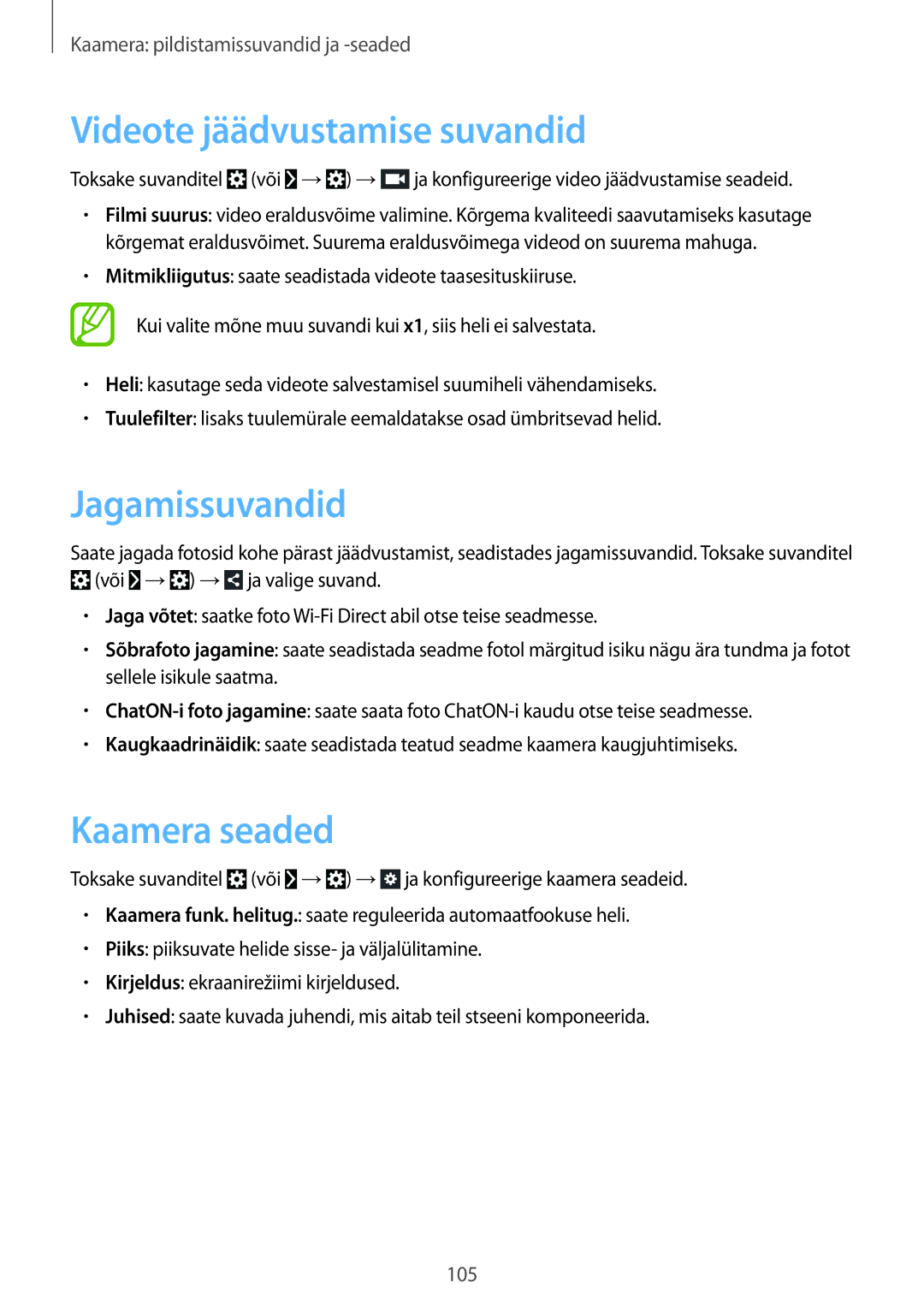 Samsung SM-C1010ZKASEB, SM-C1010ZWASEB manual Videote jäädvustamise suvandid, Jagamissuvandid, Kaamera seaded 