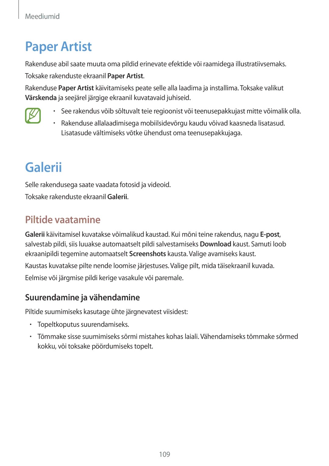 Samsung SM-C1010ZKASEB, SM-C1010ZWASEB manual Paper Artist, Galerii, Piltide vaatamine, Suurendamine ja vähendamine 