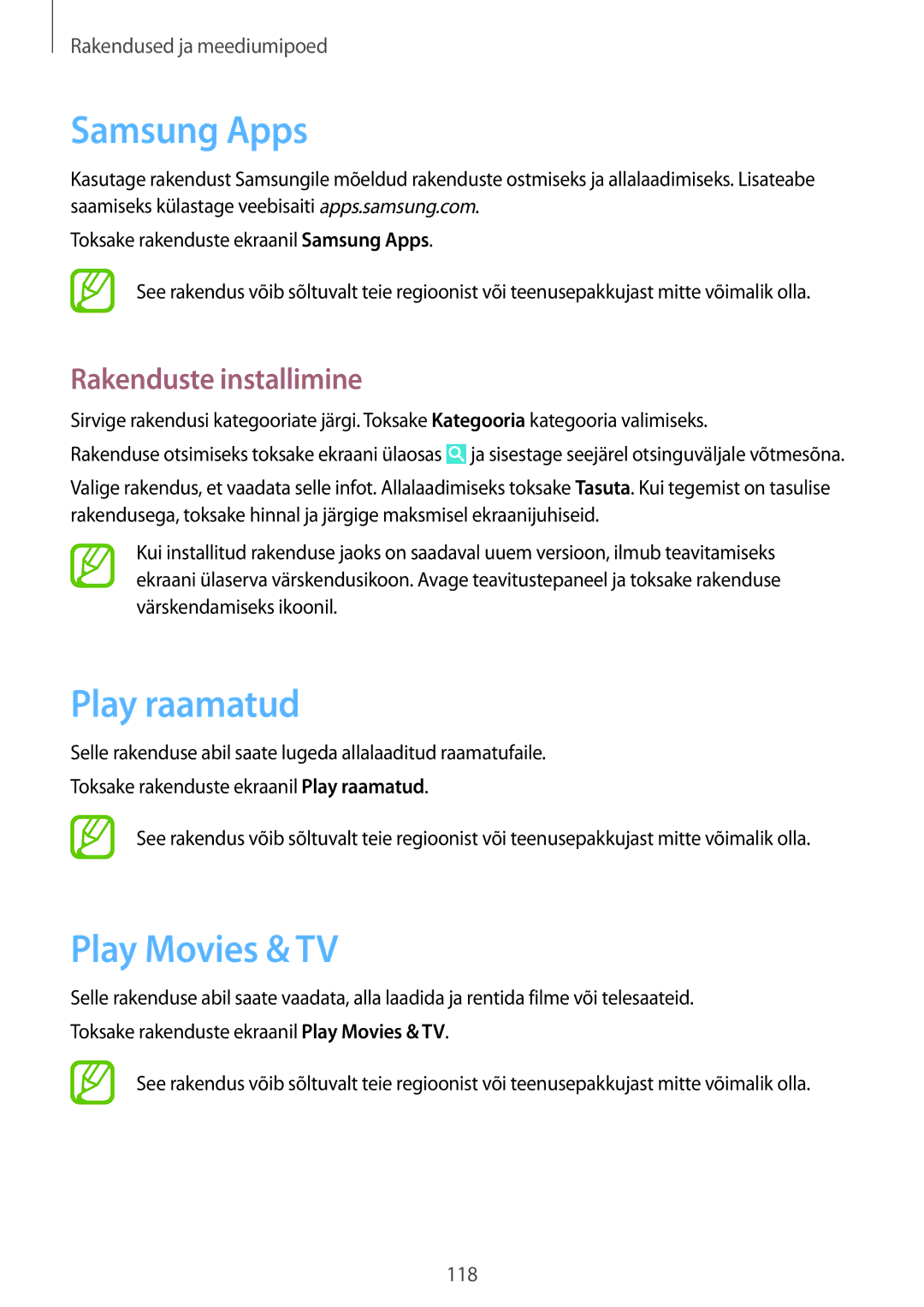 Samsung SM-C1010ZWASEB, SM-C1010ZKASEB manual Samsung Apps, Play raamatud, Play Movies & TV 