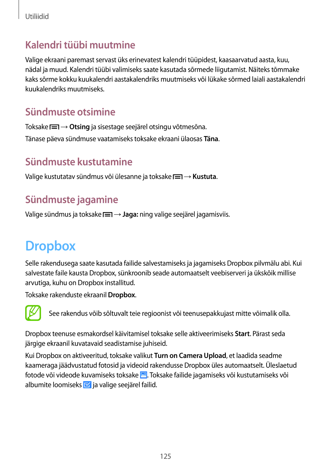 Samsung SM-C1010ZKASEB Dropbox, Kalendri tüübi muutmine, Sündmuste otsimine, Sündmuste kustutamine, Sündmuste jagamine 