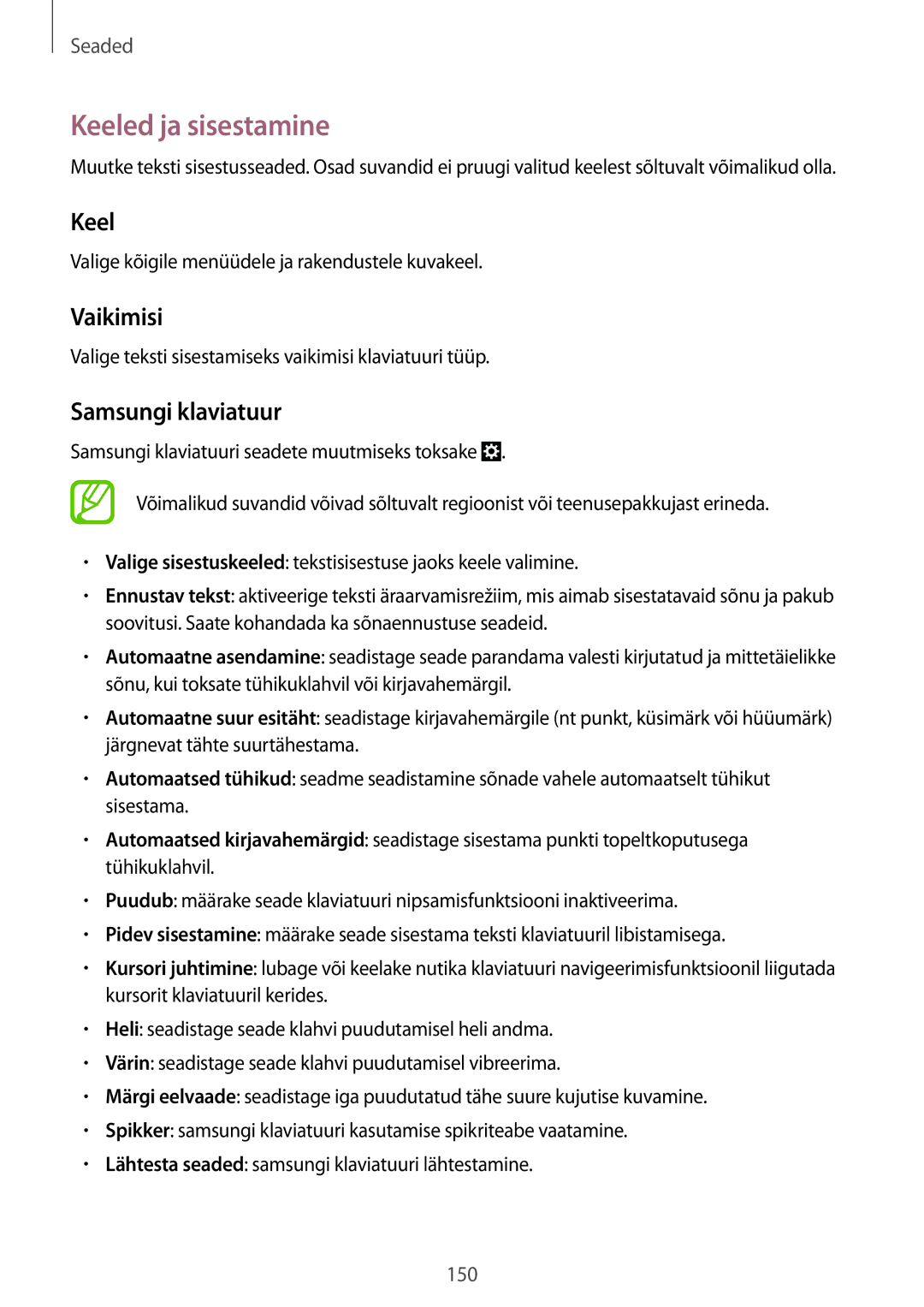 Samsung SM-C1010ZWASEB, SM-C1010ZKASEB manual Keeled ja sisestamine, Vaikimisi, Samsungi klaviatuur 