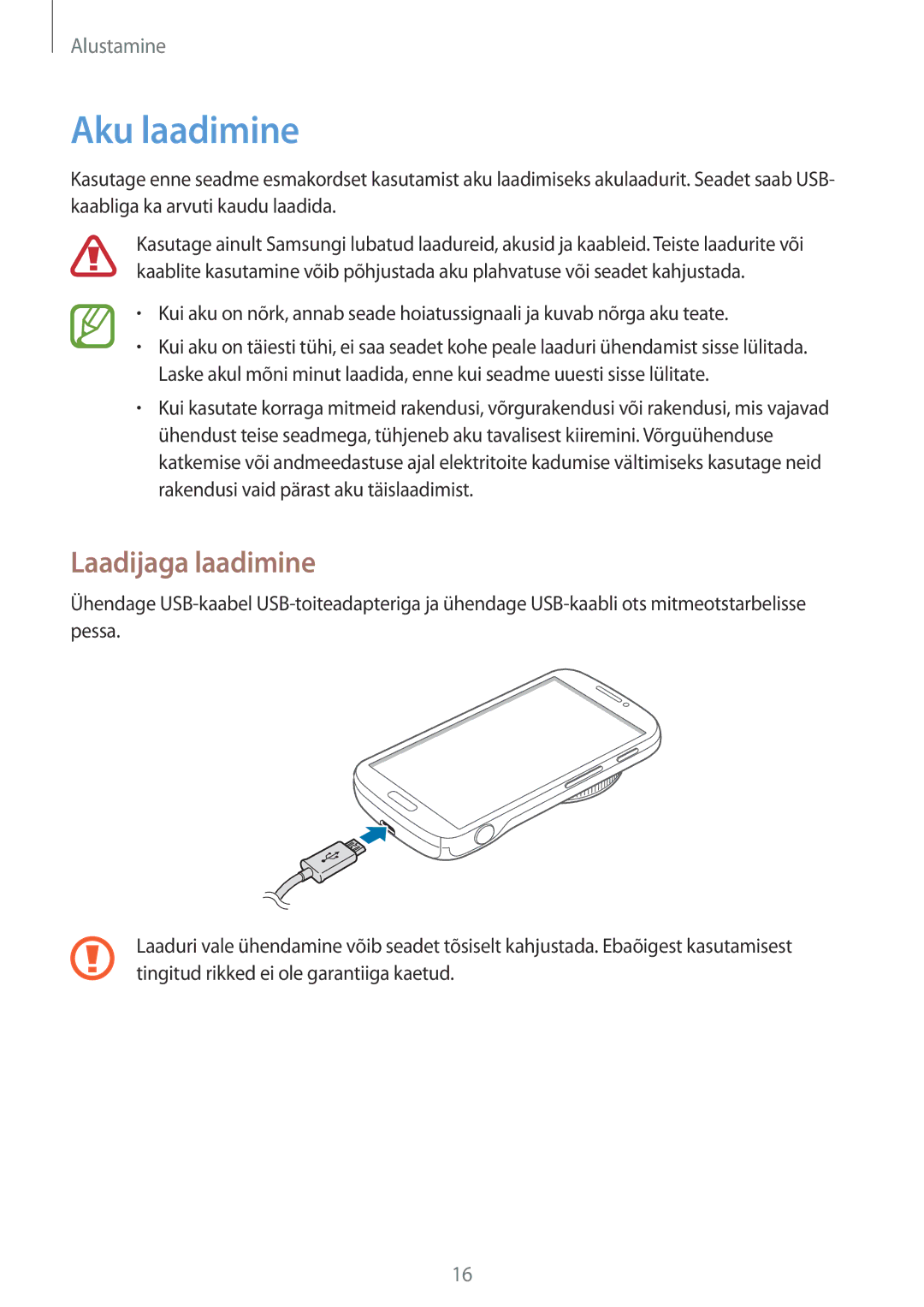 Samsung SM-C1010ZWASEB, SM-C1010ZKASEB manual Aku laadimine, Laadijaga laadimine 