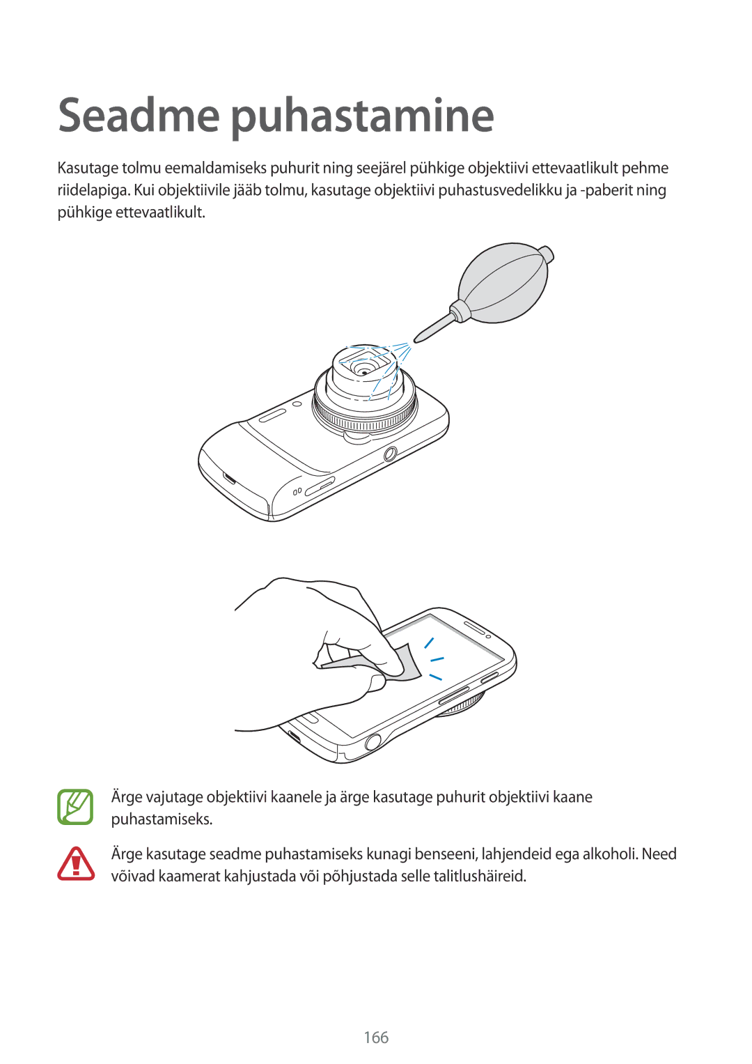 Samsung SM-C1010ZWASEB, SM-C1010ZKASEB manual Seadme puhastamine, 166 