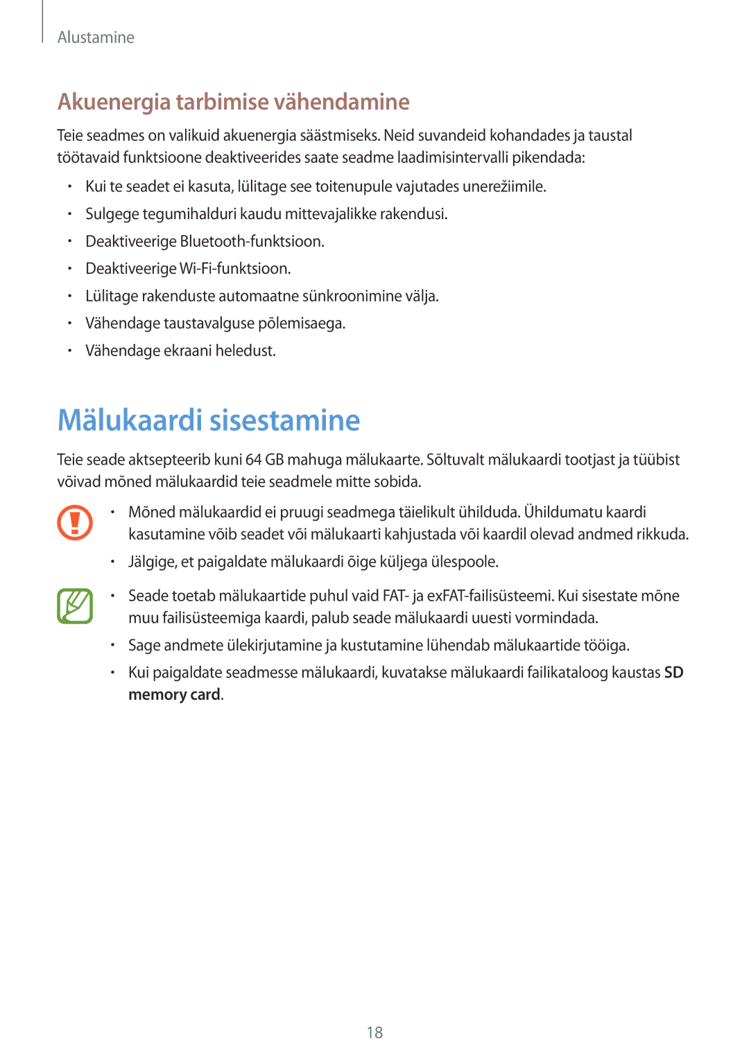 Samsung SM-C1010ZWASEB, SM-C1010ZKASEB manual Mälukaardi sisestamine, Akuenergia tarbimise vähendamine 