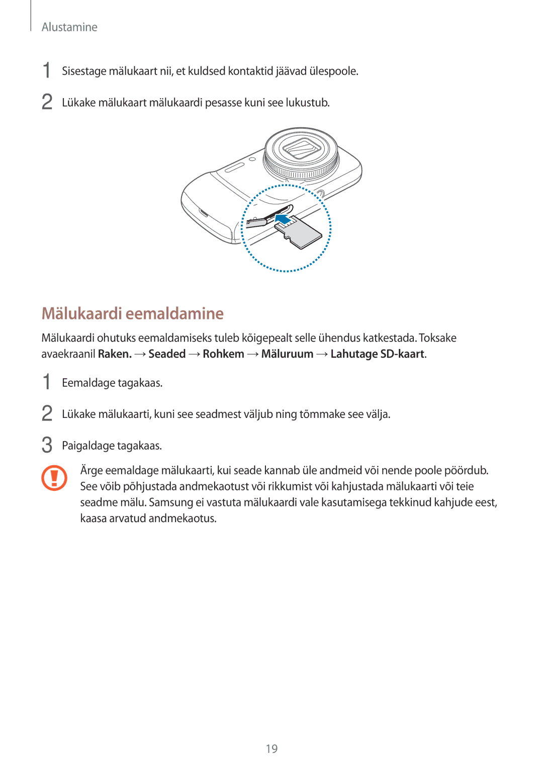 Samsung SM-C1010ZKASEB, SM-C1010ZWASEB manual Mälukaardi eemaldamine 