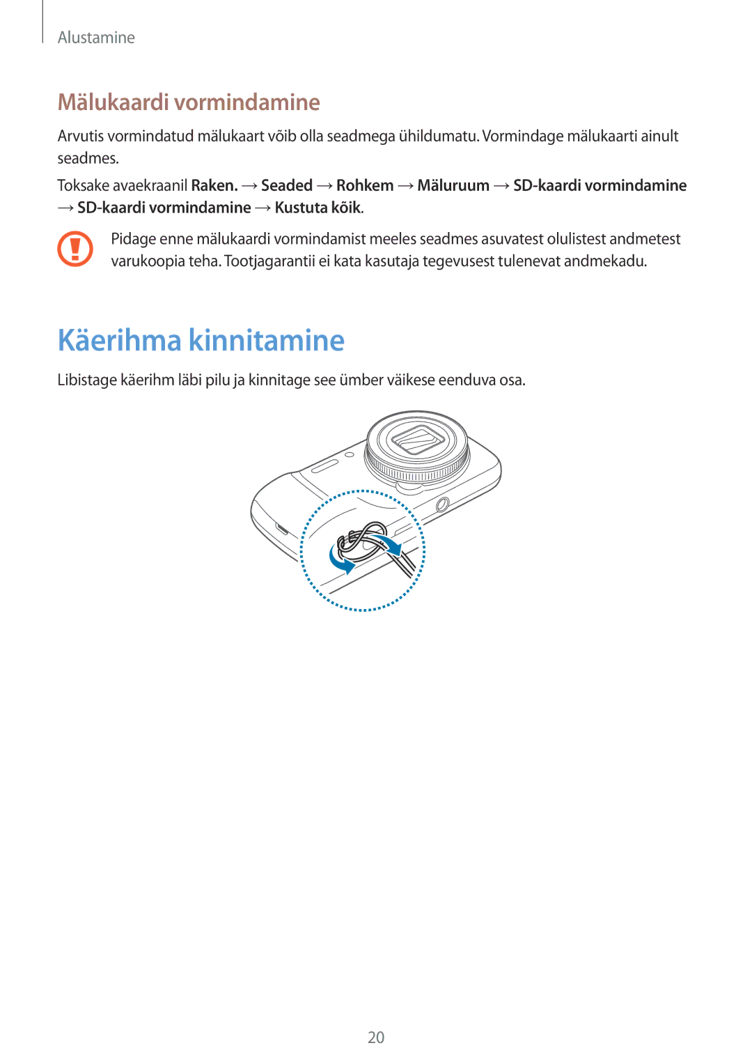 Samsung SM-C1010ZWASEB manual Käerihma kinnitamine, Mälukaardi vormindamine, → SD-kaardi vormindamine →Kustuta kõik 