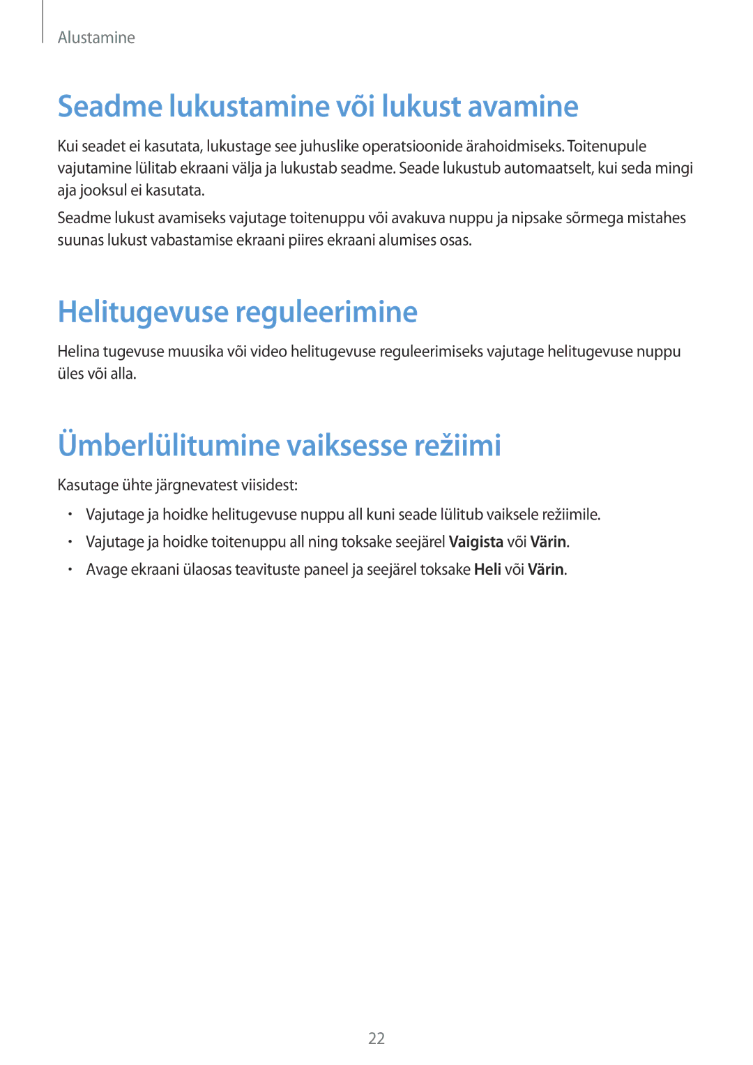 Samsung SM-C1010ZWASEB, SM-C1010ZKASEB manual Seadme lukustamine või lukust avamine, Helitugevuse reguleerimine 