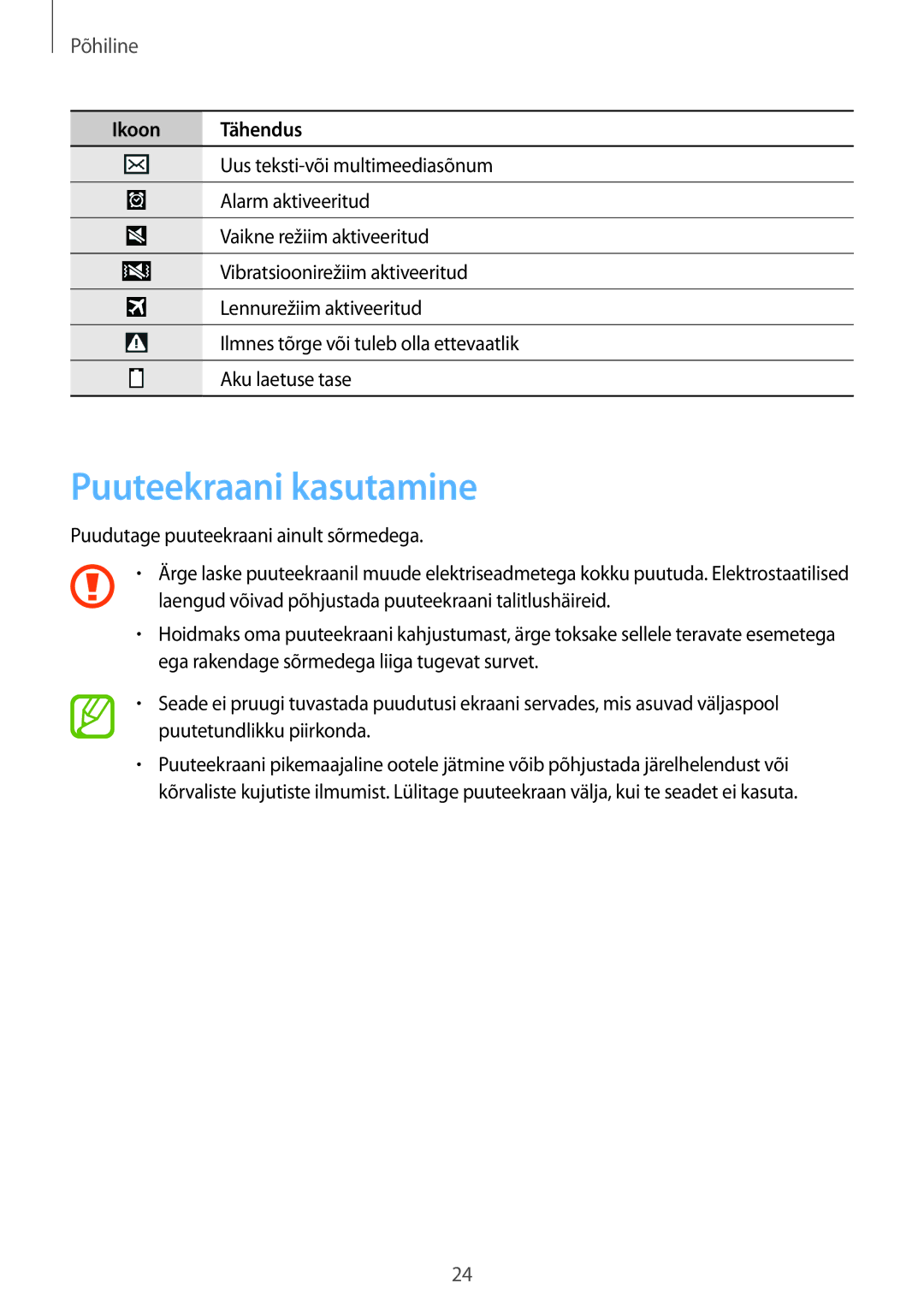 Samsung SM-C1010ZWASEB, SM-C1010ZKASEB manual Puuteekraani kasutamine, Puudutage puuteekraani ainult sõrmedega 