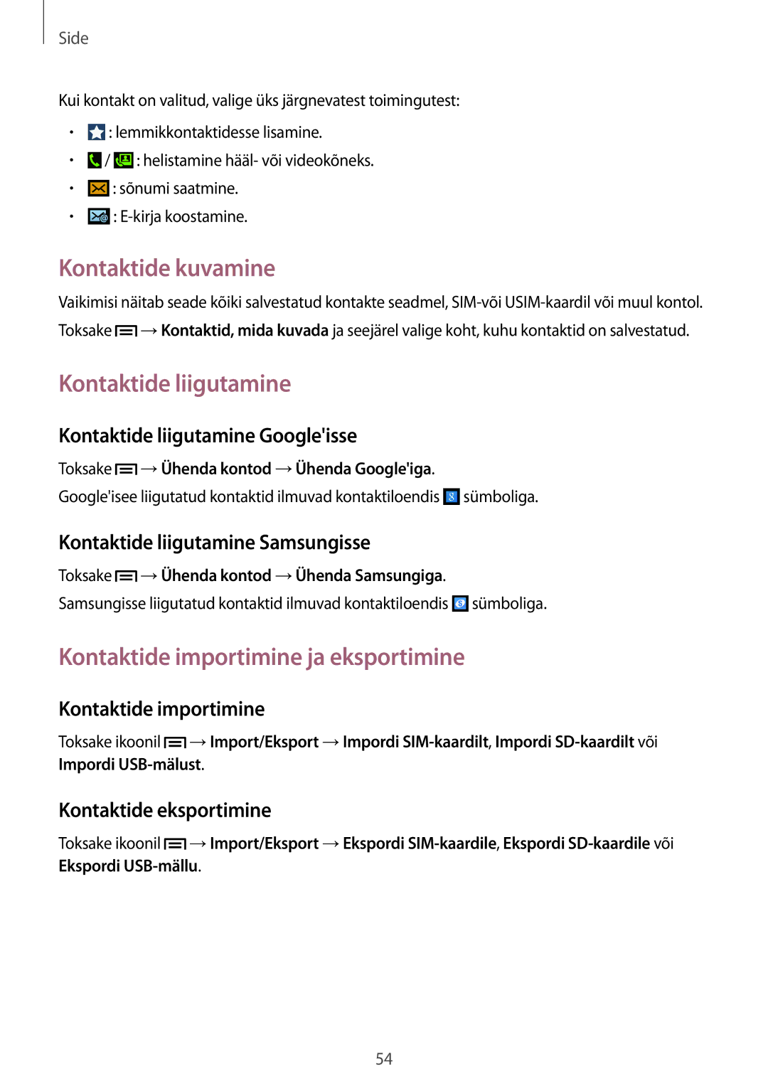 Samsung SM-C1010ZWASEB, SM-C1010ZKASEB Kontaktide kuvamine, Kontaktide liigutamine, Kontaktide importimine ja eksportimine 