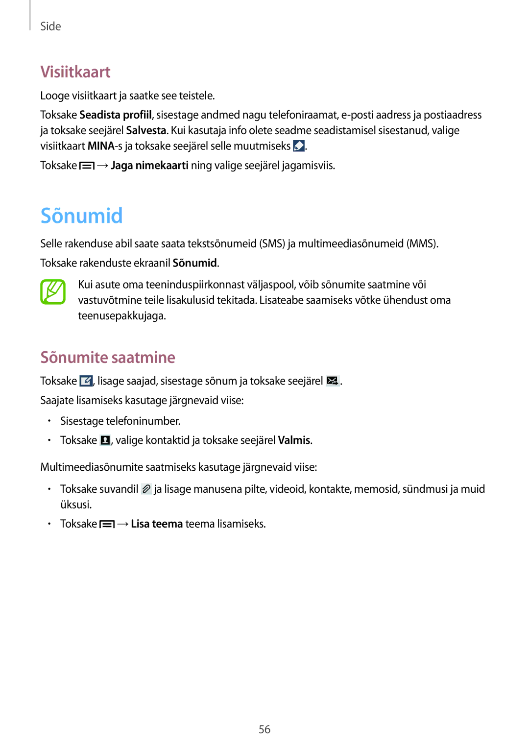 Samsung SM-C1010ZWASEB, SM-C1010ZKASEB Sõnumid, Visiitkaart, Sõnumite saatmine, Looge visiitkaart ja saatke see teistele 