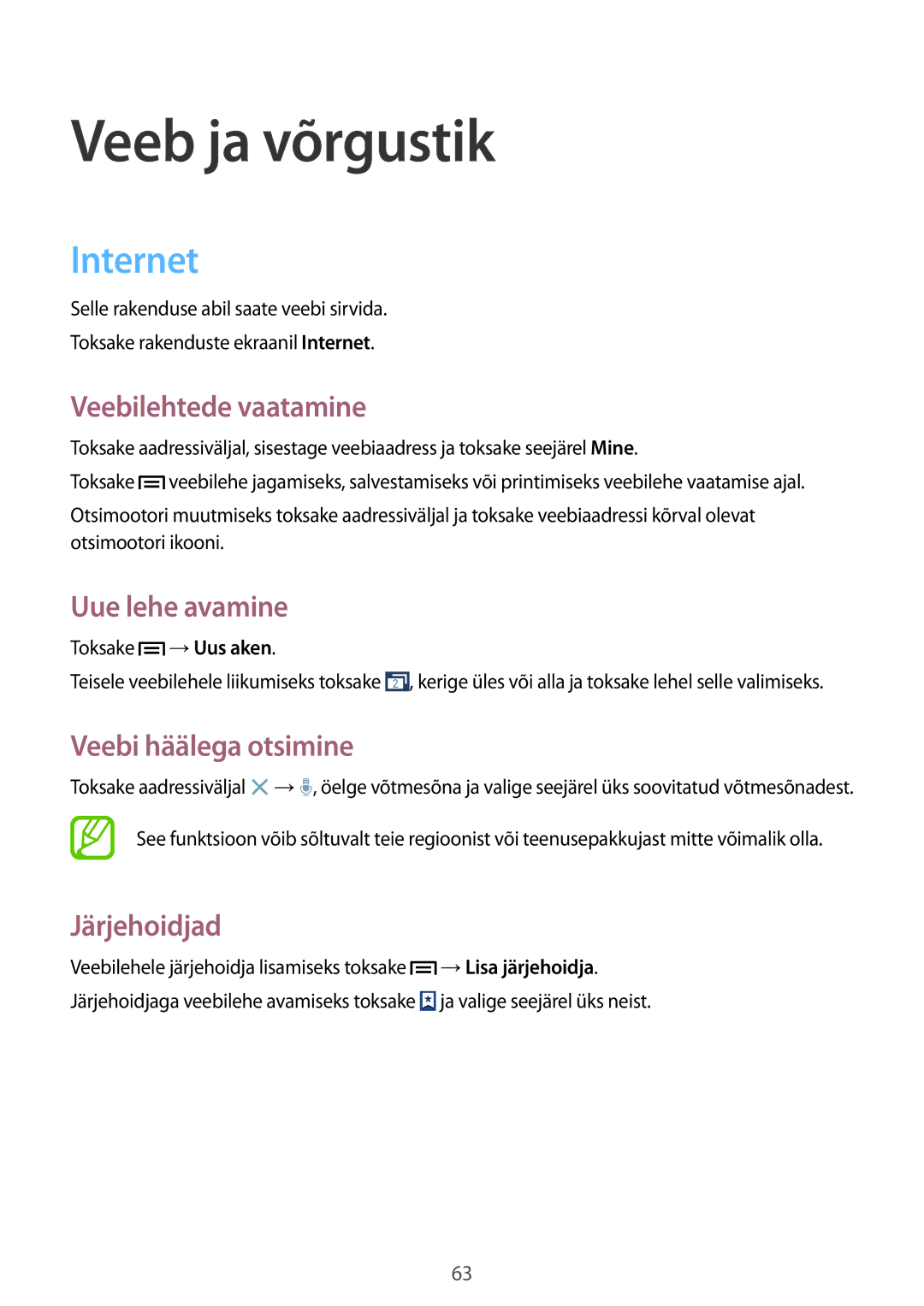 Samsung SM-C1010ZKASEB, SM-C1010ZWASEB manual Veeb ja võrgustik, Internet 