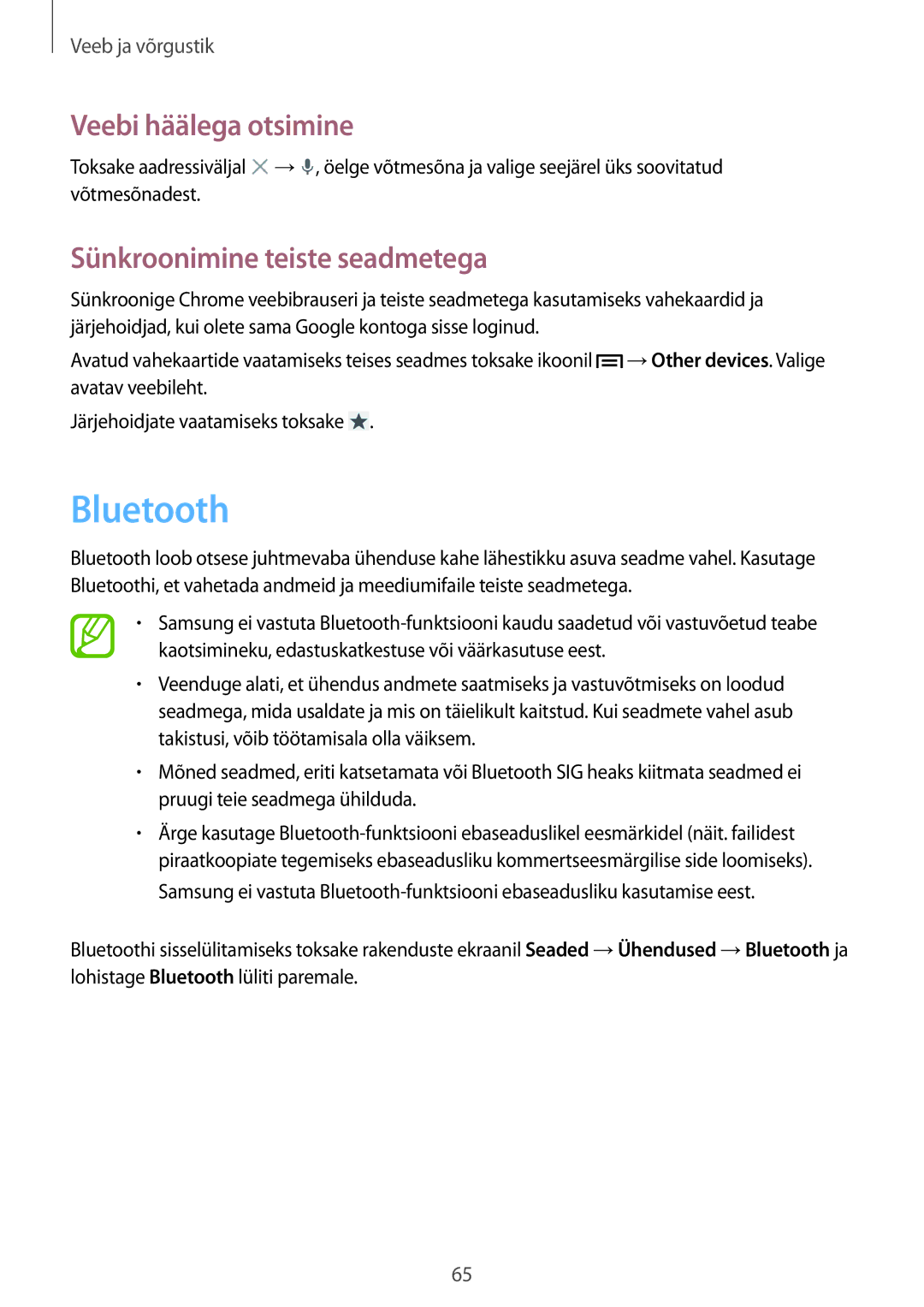 Samsung SM-C1010ZKASEB, SM-C1010ZWASEB manual Bluetooth, Sünkroonimine teiste seadmetega 