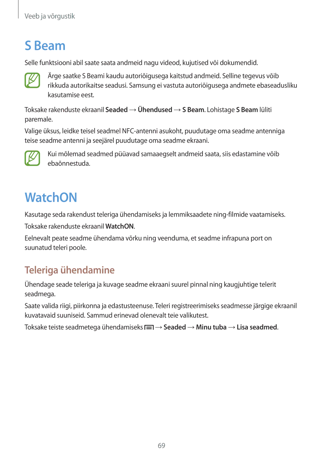 Samsung SM-C1010ZKASEB, SM-C1010ZWASEB manual Beam, WatchON, Teleriga ühendamine 