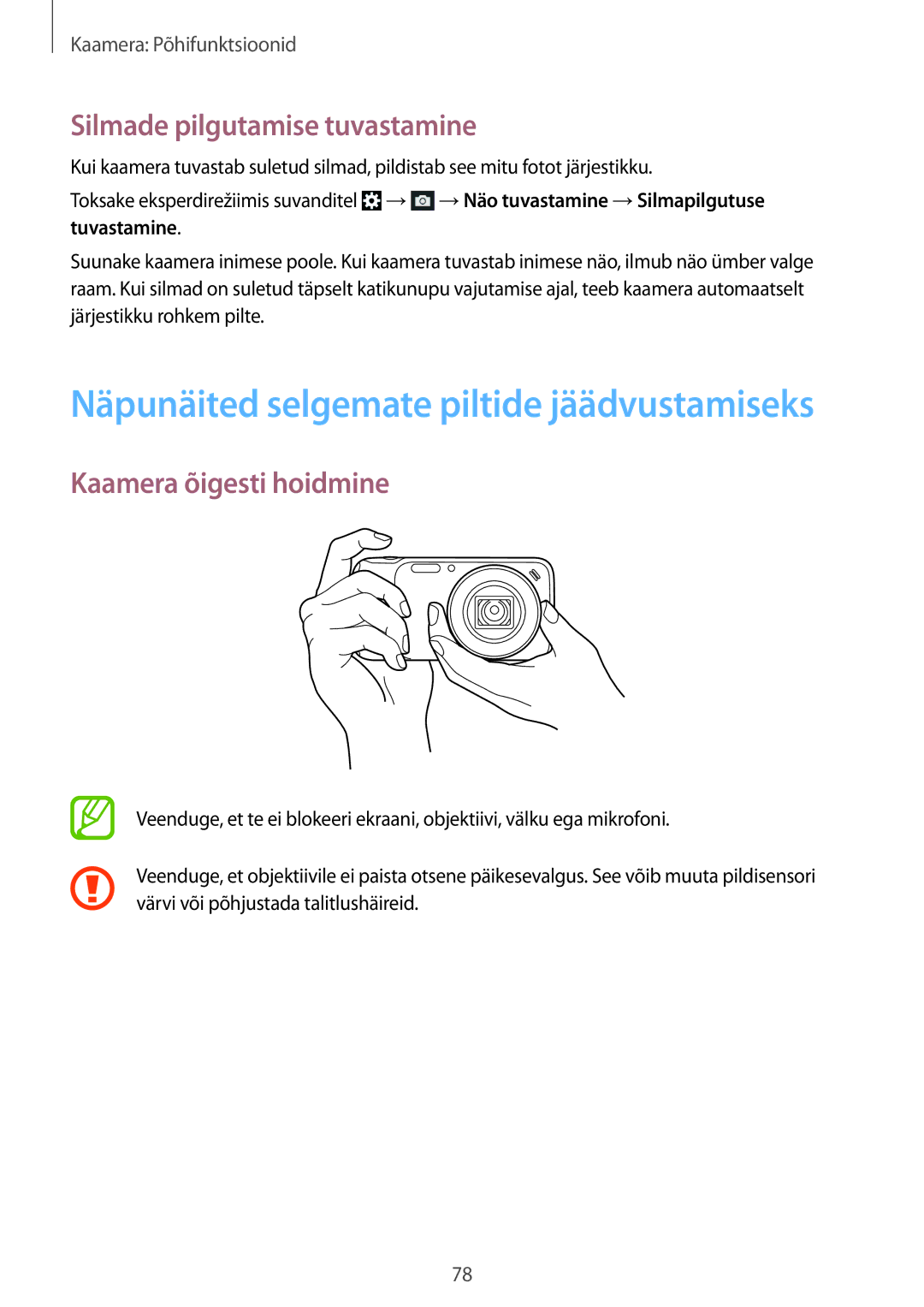 Samsung SM-C1010ZWASEB, SM-C1010ZKASEB manual Silmade pilgutamise tuvastamine, Kaamera õigesti hoidmine 