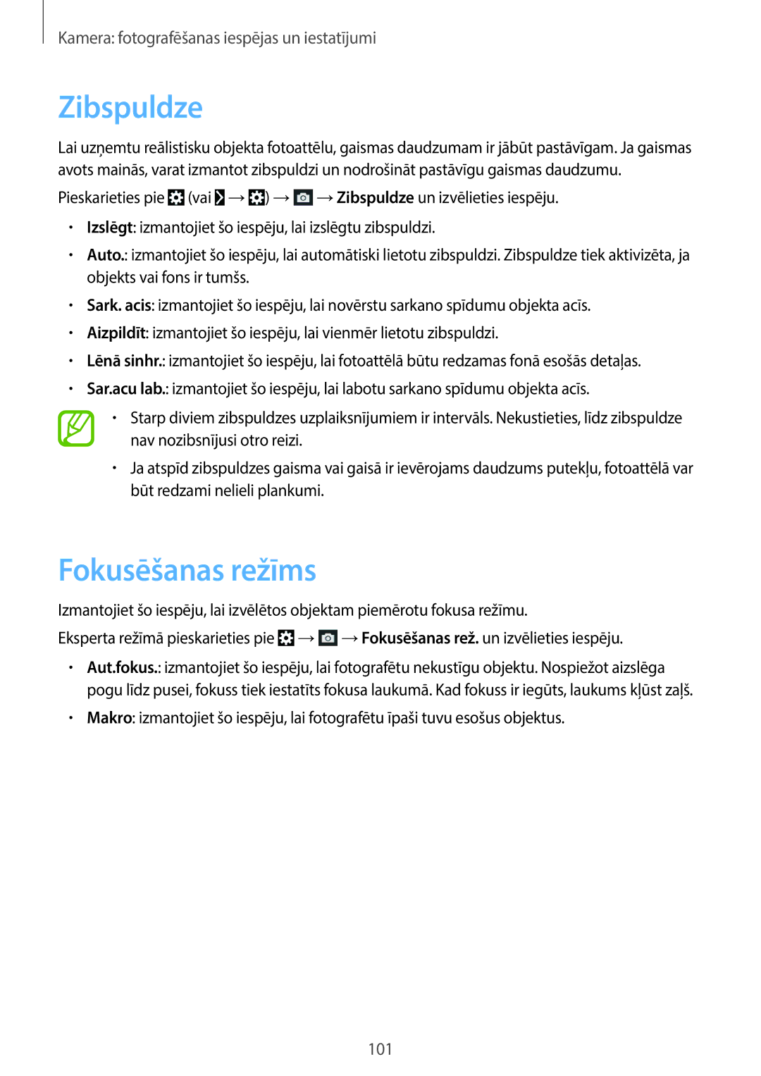 Samsung SM-C1010ZKASEB, SM-C1010ZWASEB manual Zibspuldze, Fokusēšanas režīms 