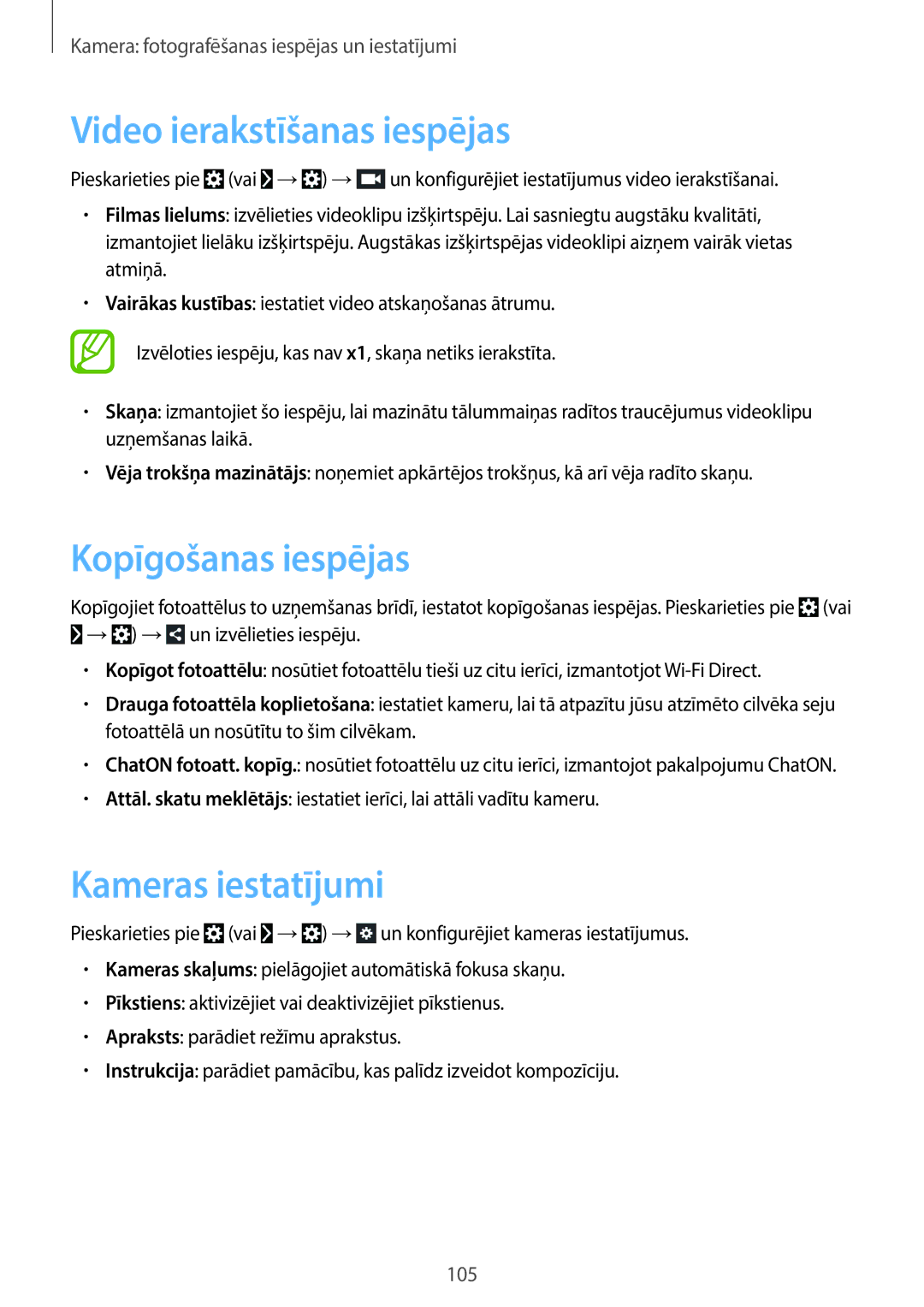 Samsung SM-C1010ZKASEB, SM-C1010ZWASEB manual Video ierakstīšanas iespējas, Kopīgošanas iespējas, Kameras iestatījumi 